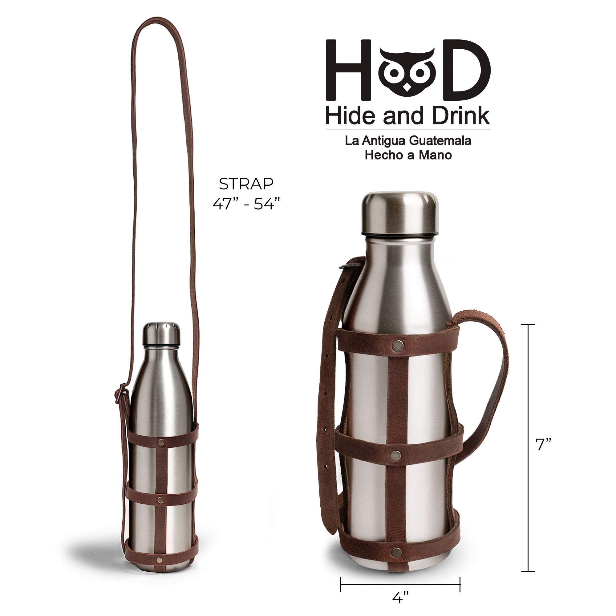 Hide & Drink Water Bottle Holder with dimensions, showcasing the Rustic Leather Water Bottle Holder With Adjustable Strap. Perfectly fits 2.5 in. diameter bottles and designed for durability, this Full Grain Leather carrier exhibits exceptional craftsmanship with a handmade touch from La Antigua Guatemala & Oaxaca Mexico.