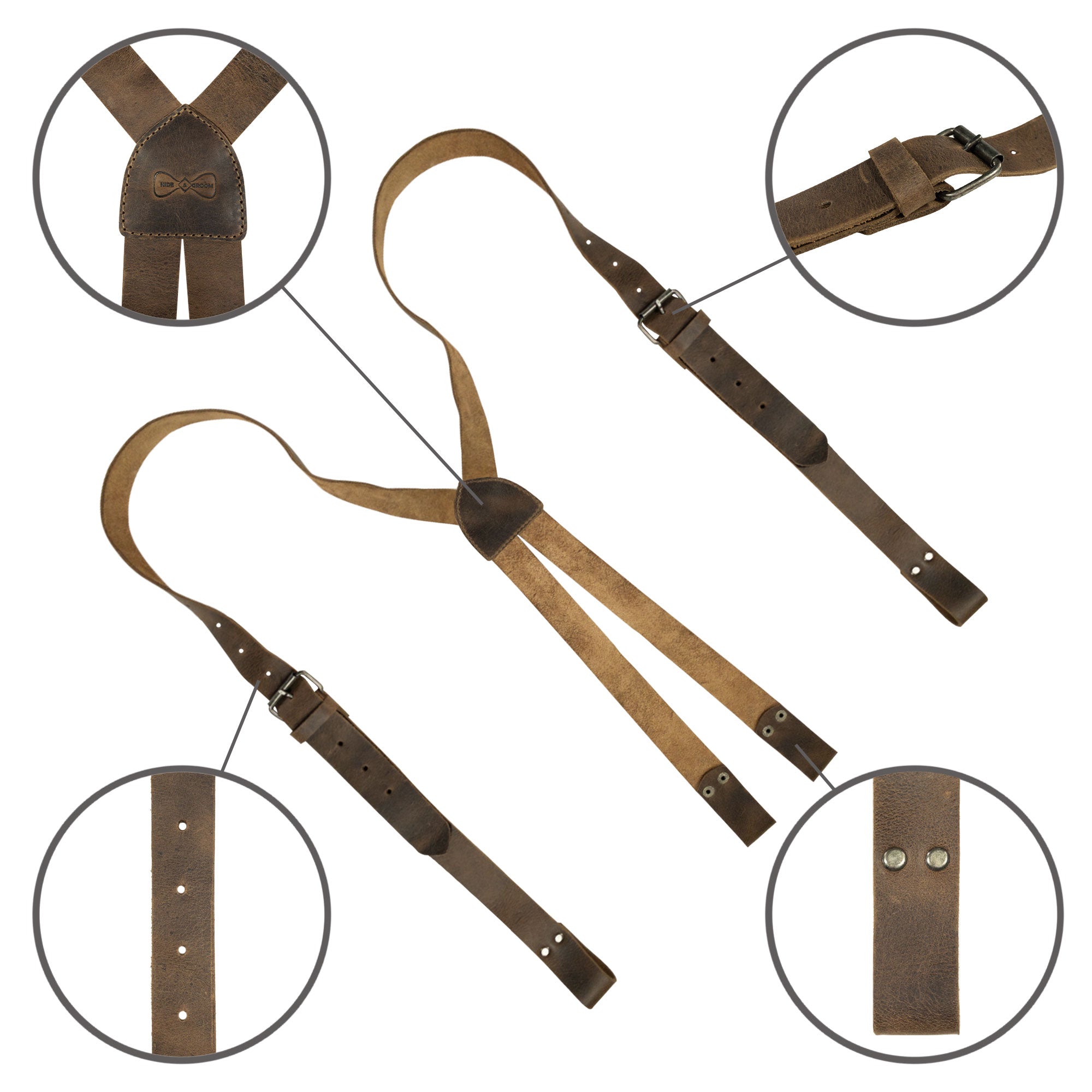Detailed view of Hide & Groom's X Back Formal Suspenders with Belt Loops, highlighting adjustable features and handcrafted quality. Perfect for weddings and formal occasions, these full grain leather suspenders reflect artisan craftsmanship from La Antigua Guatemala.