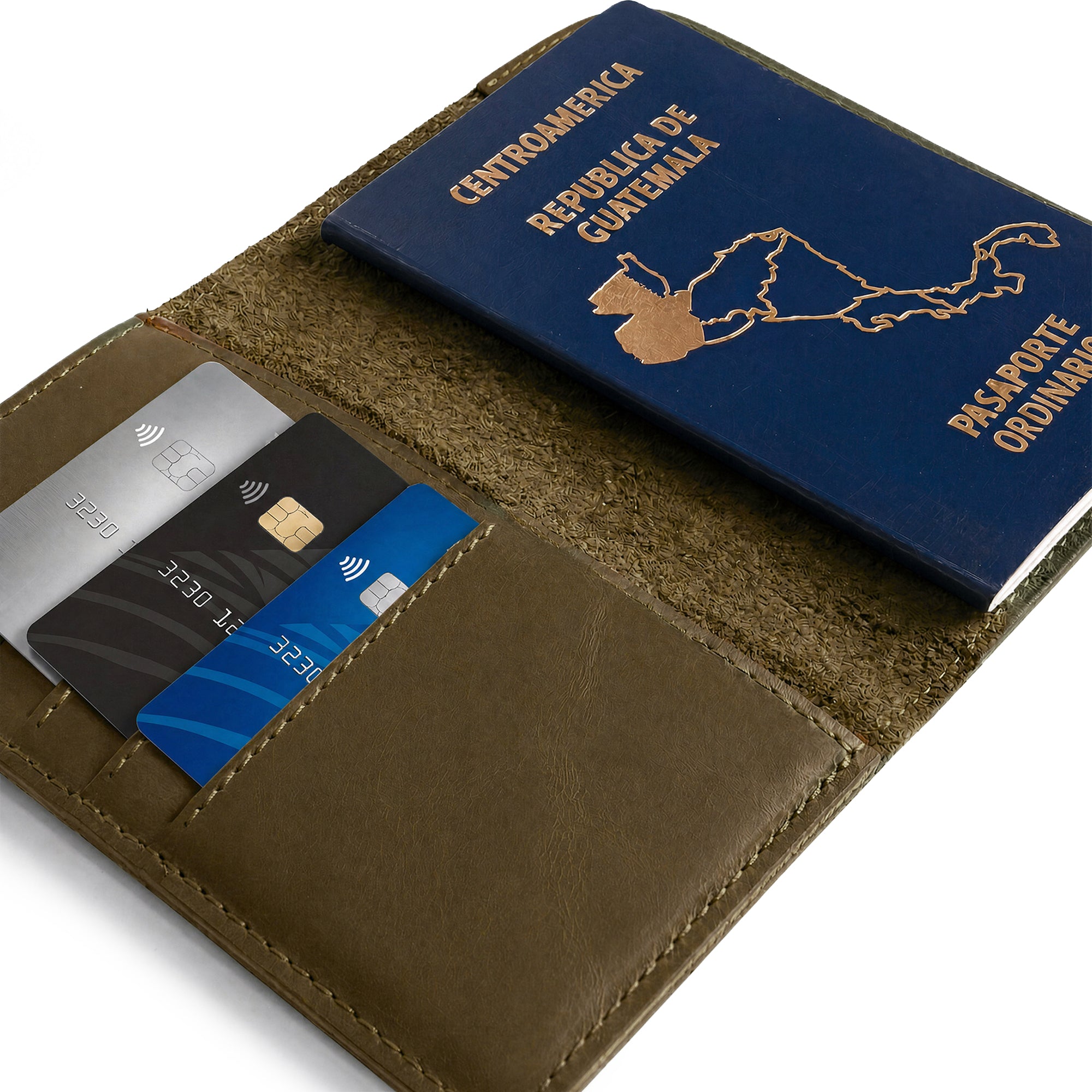 Sleek view of the Hide & Drink Travel Wallet demonstrating its practicality. This stylish travel wallet functions as a bifold passport case made from full grain leather in La Antigua Guatemala.