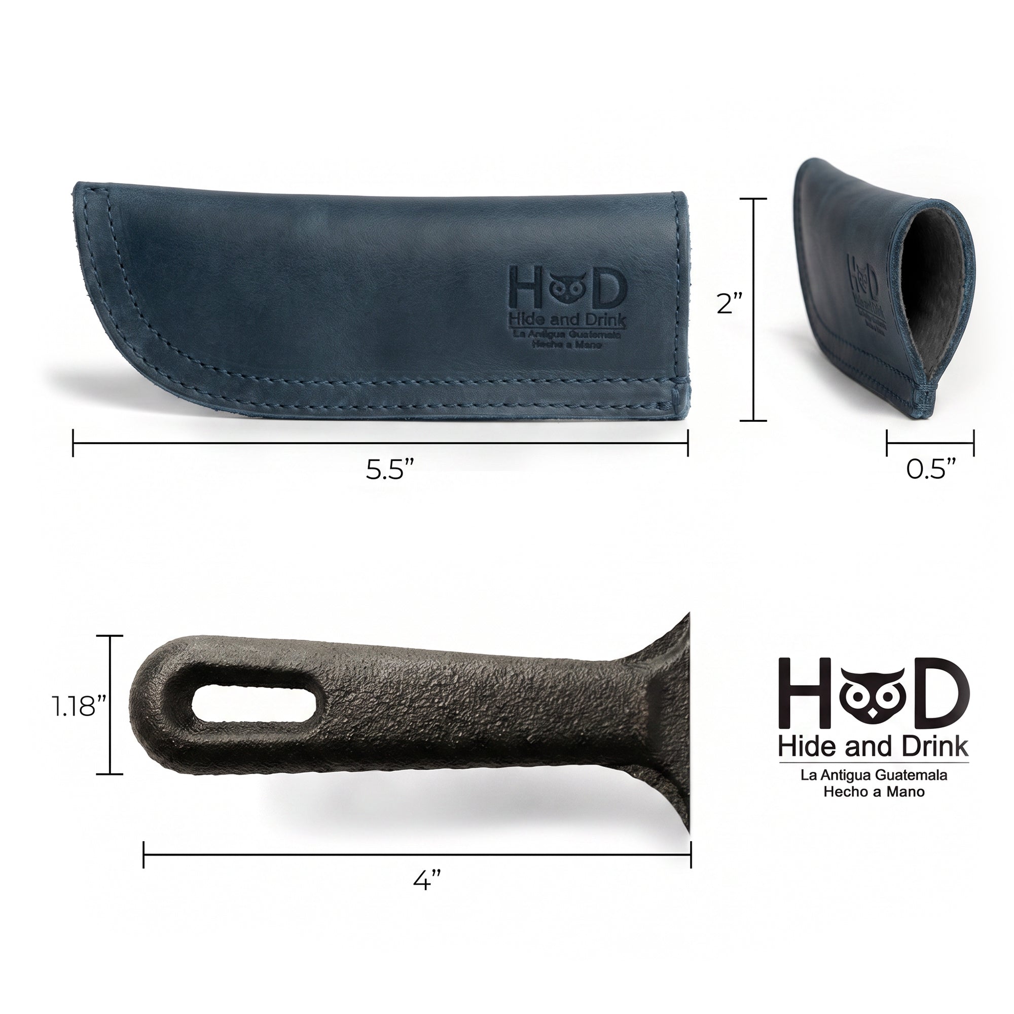 Hide & Drink Cast Iron Panhandle Cover highlighted against a clean backdrop. This handcrafted hot handle protector is made from full grain leather and boasts a double stitched design for durability. Handmade in La Antigua Guatemala & Oaxaca Mexico, it combines style and functionality perfectly.