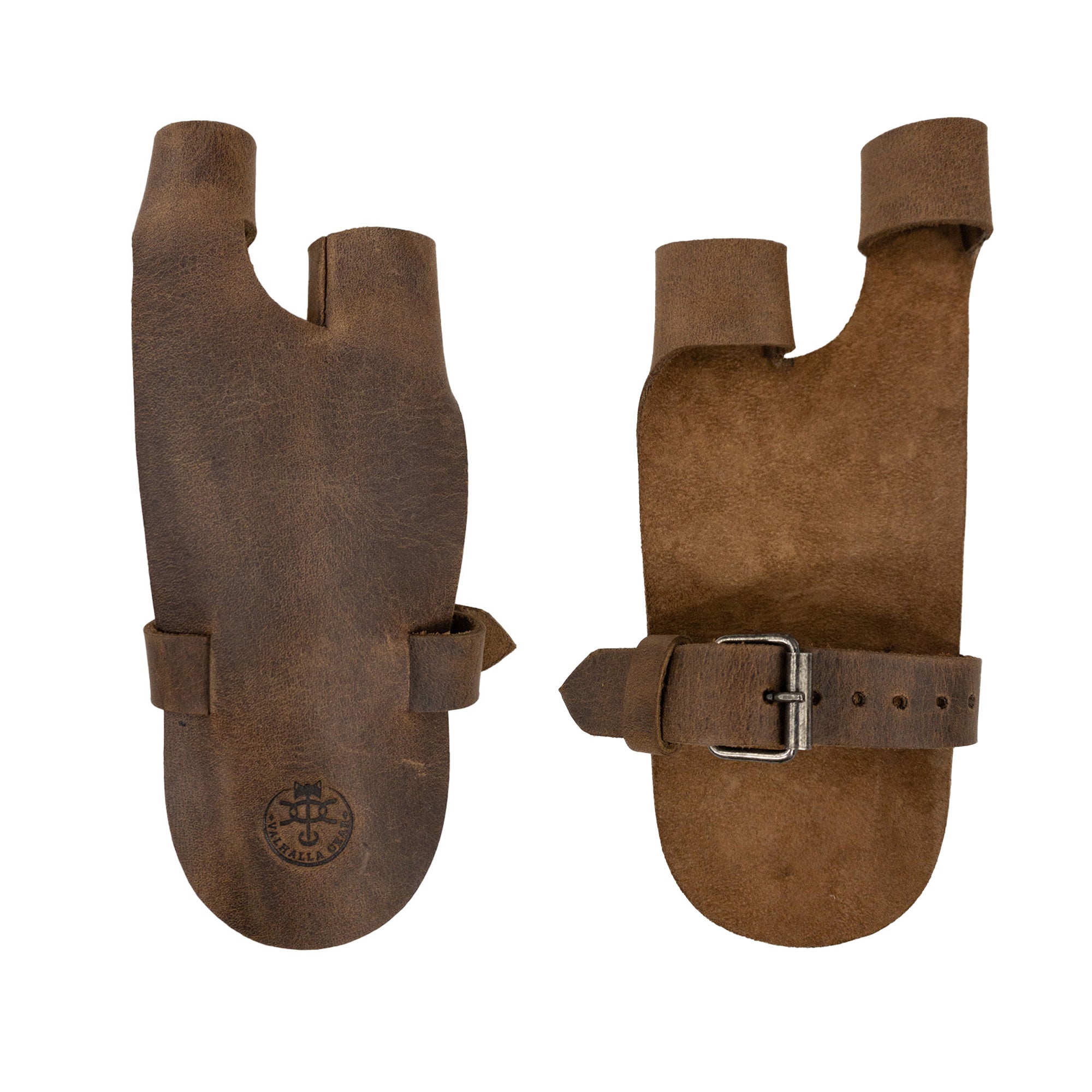 The Valhalla Gear Archery Shooting Glove displayed flat, highlighting the design and structure. This Full Grain Leather glove features a practical Hand Guard and Wrist and Finger Protector, designed for archers using a Recurve Bow. Perfect for shooting targets or cosplay, it's made artisanally in La Antigua Guatemala, combining function and style in every stitch.