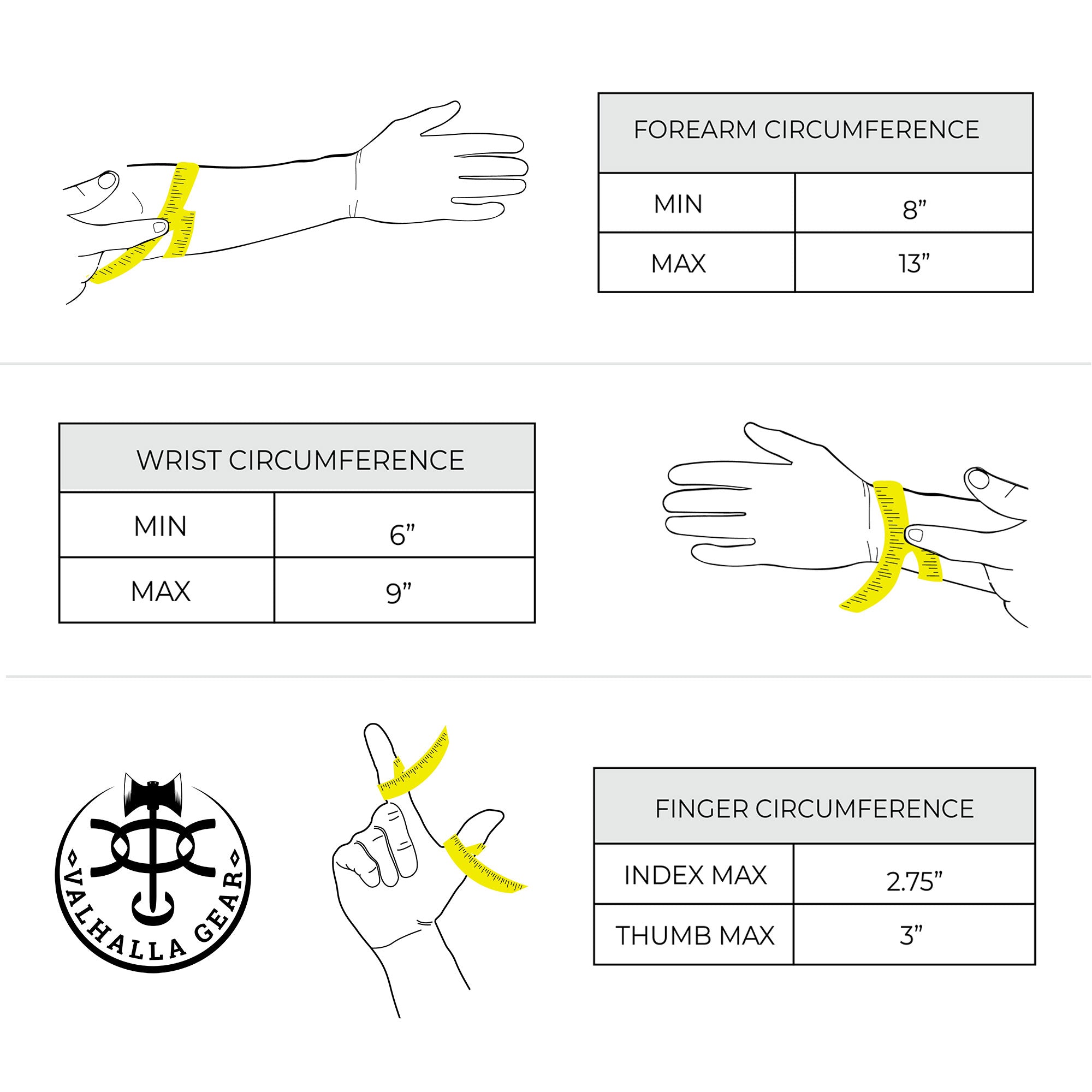 Measurement guide for the Forearm Guard for Archers by Valhalla Gear, detailing forearm, wrist, and finger circumference. This visual is helpful for selecting the right fit for this protective bracer, ensuring comfort and efficiency in archery. Crafted from full grain leather, it's perfect for all archers.