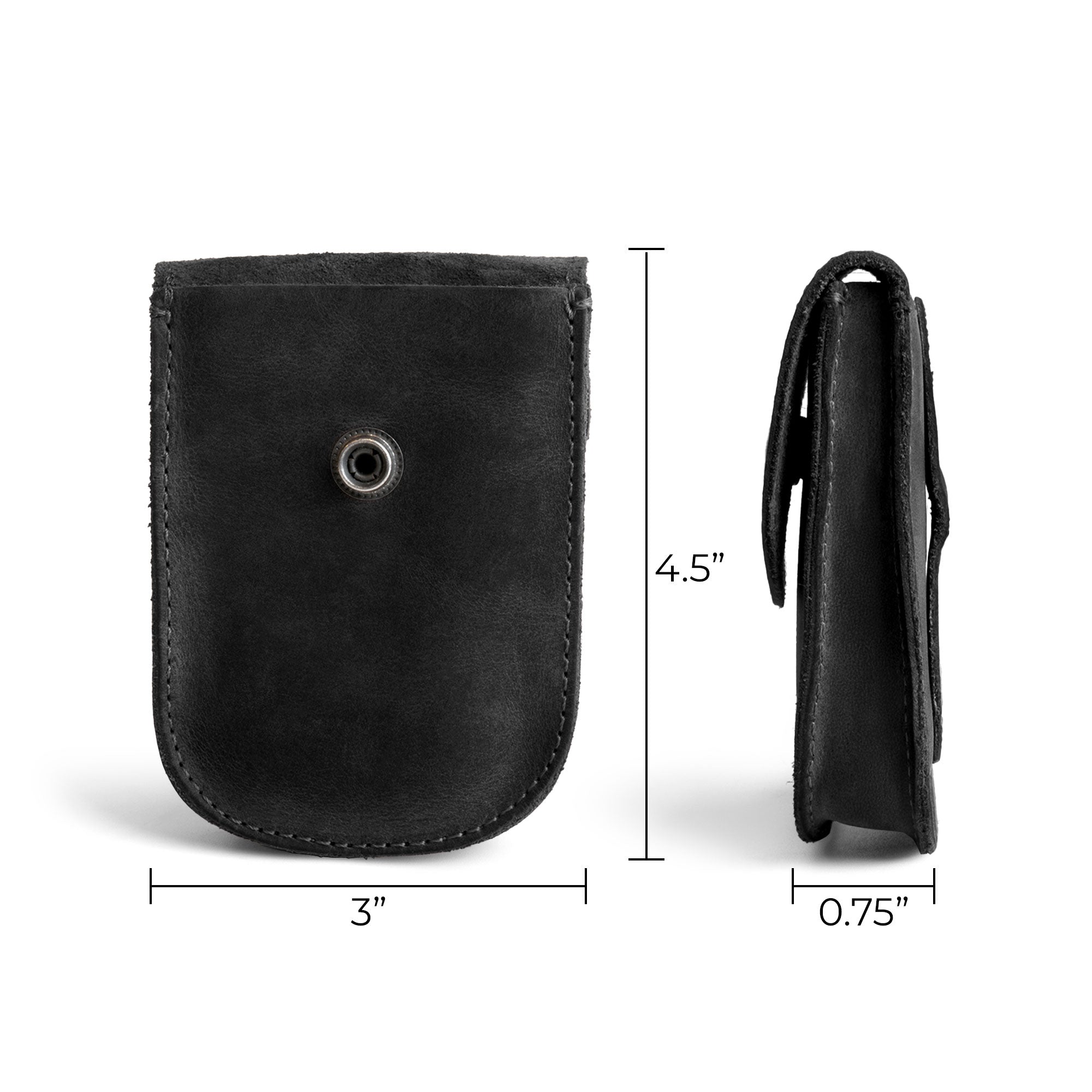 Dimensions displayed for the Black Holster Pouch by Hide & Drink, with a focus on its compact and convenient features. Handmade from full grain leather, this artisan pouch is perfect for carrying essentials.