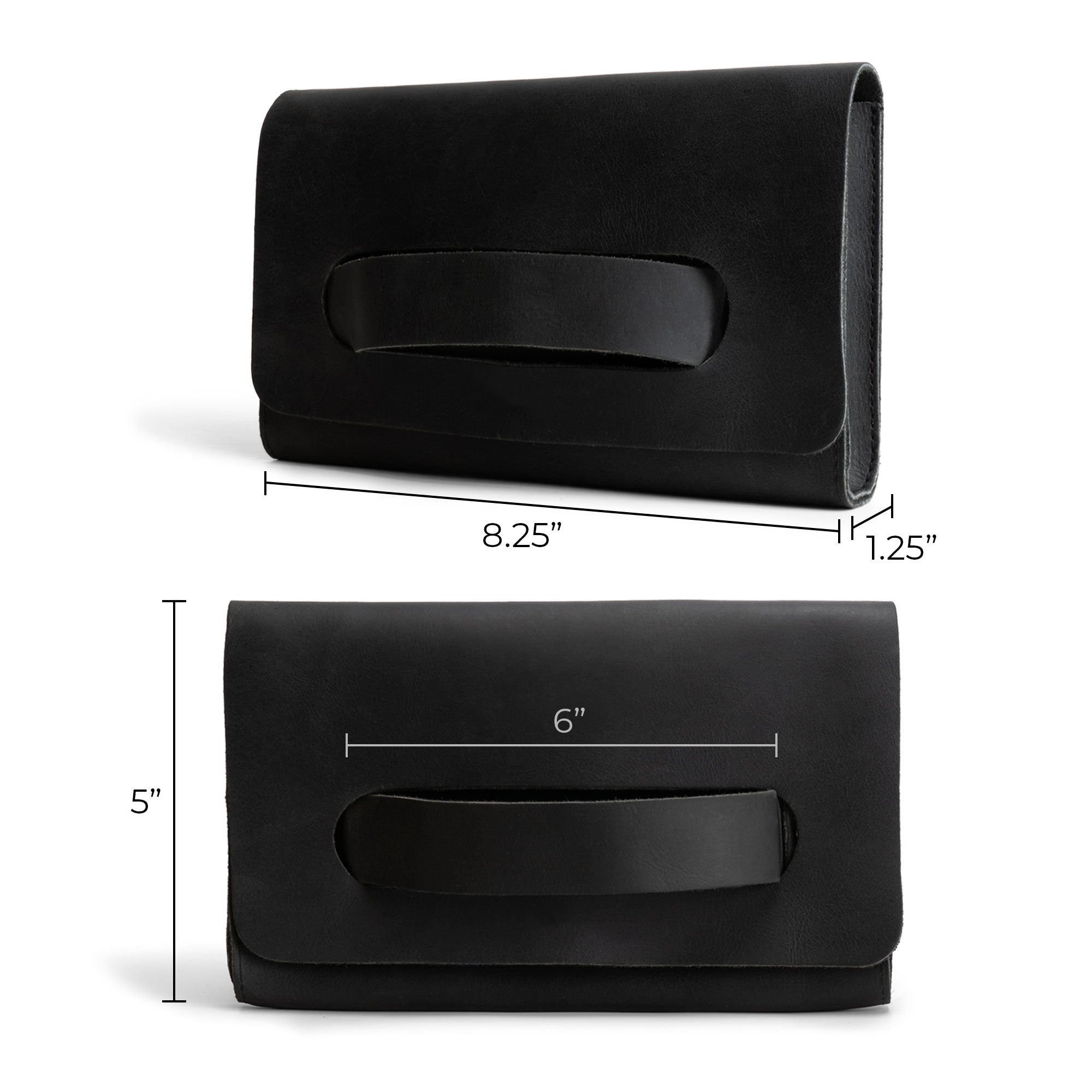 Dimensions and details of the Hide & Drink Clutch Bag With Handle in black, showcasing its functional design. This Full Grain Leather Clutch Bag with Handle is an ideal handbag for women, lovingly handcrafted in Guatemala and Mexico.