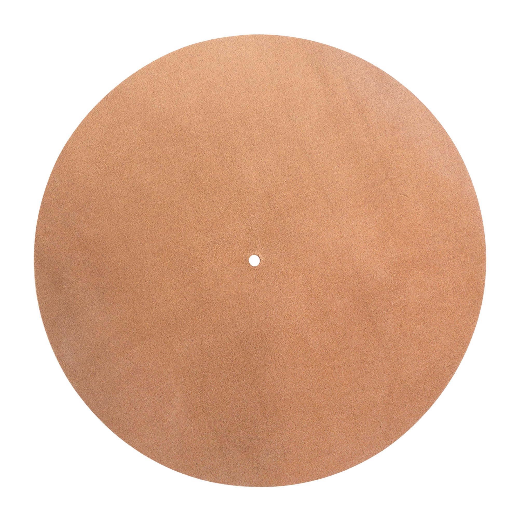 Image showcasing the underside of the Circular Turntable Slipmat by tocame, revealing the minimalist design in soft leather. This slipmat serves as an antistatic cover, reducing noise from dust and static while enhancing your vinyl experience. Handmade in La Antigua Guatemala, it features hand cut and hand sewn craftsmanship.