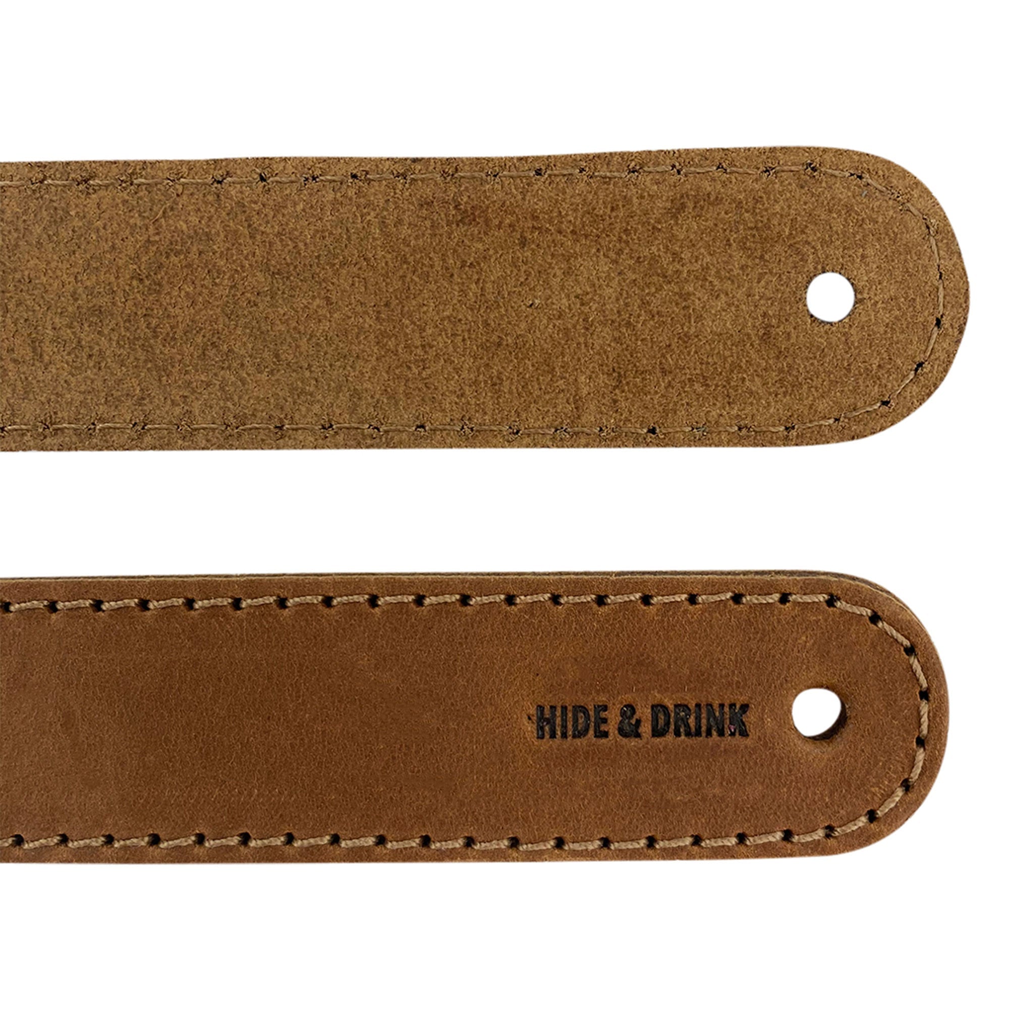Hide & Drink Drawer Handles (4pk) displaying a stack of leather handles, emphasizing their artisan craftsmanship. Made from durable full grain leather, these handles are easy to install and perfect for home upgrades.