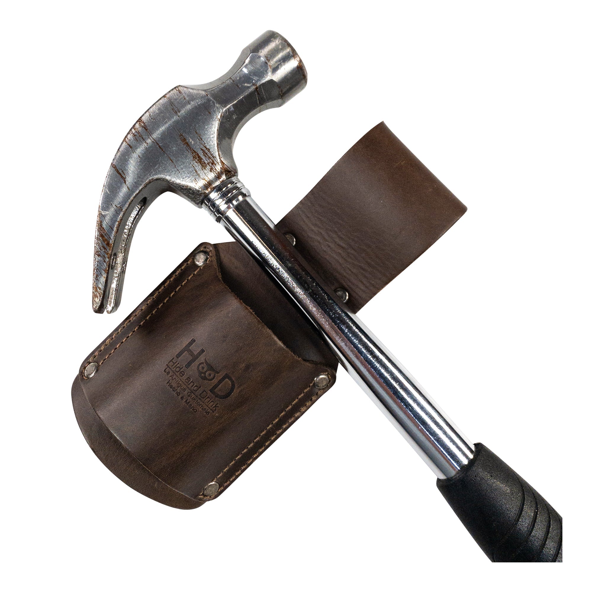 Detailed view of a hammer in the Hammer Holster by Hide & Drink, demonstrating its perfect fit and secure hold. This tool organizer is essential for electricians and construction enthusiasts, combining elegance with practicality using Full Grain Leather. Hammer Holster - Electrician & Construction, Tool Holder, Organizer, Sheath, Case, Woodwork & Handcraft, Full Grain Leather, StockyardX, Small Batch Production, Hand Cut, Hand Sewn, Fire Branded, Artisan, Handmade in La Antigua Guatemala & Oaxaca Mexico.