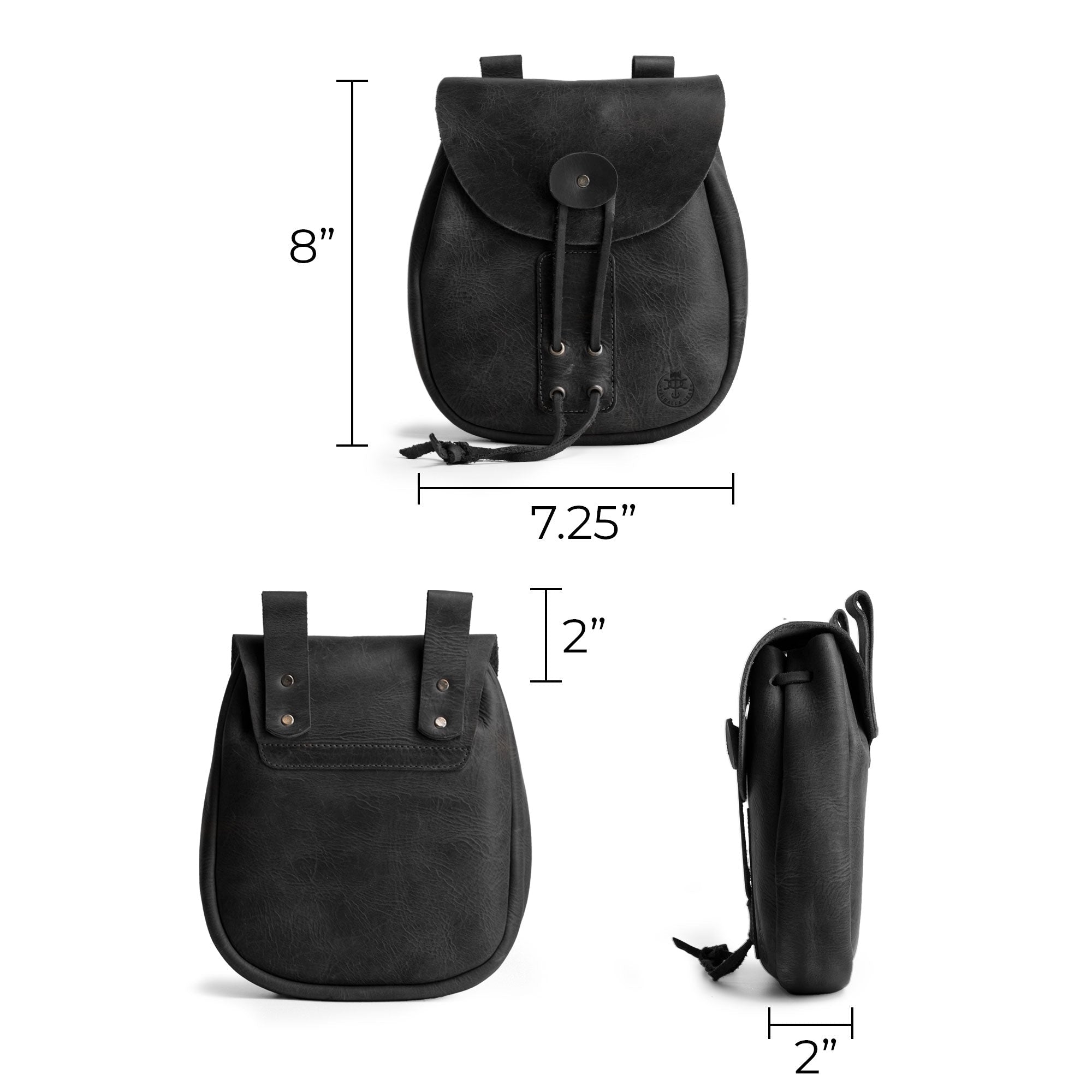 Dimensions of the black Valhalla Gear Bushcraft Bag, displaying its compact size and portable safe pouch features. Made from full grain leather, it's ideal for protecting your money and coins.