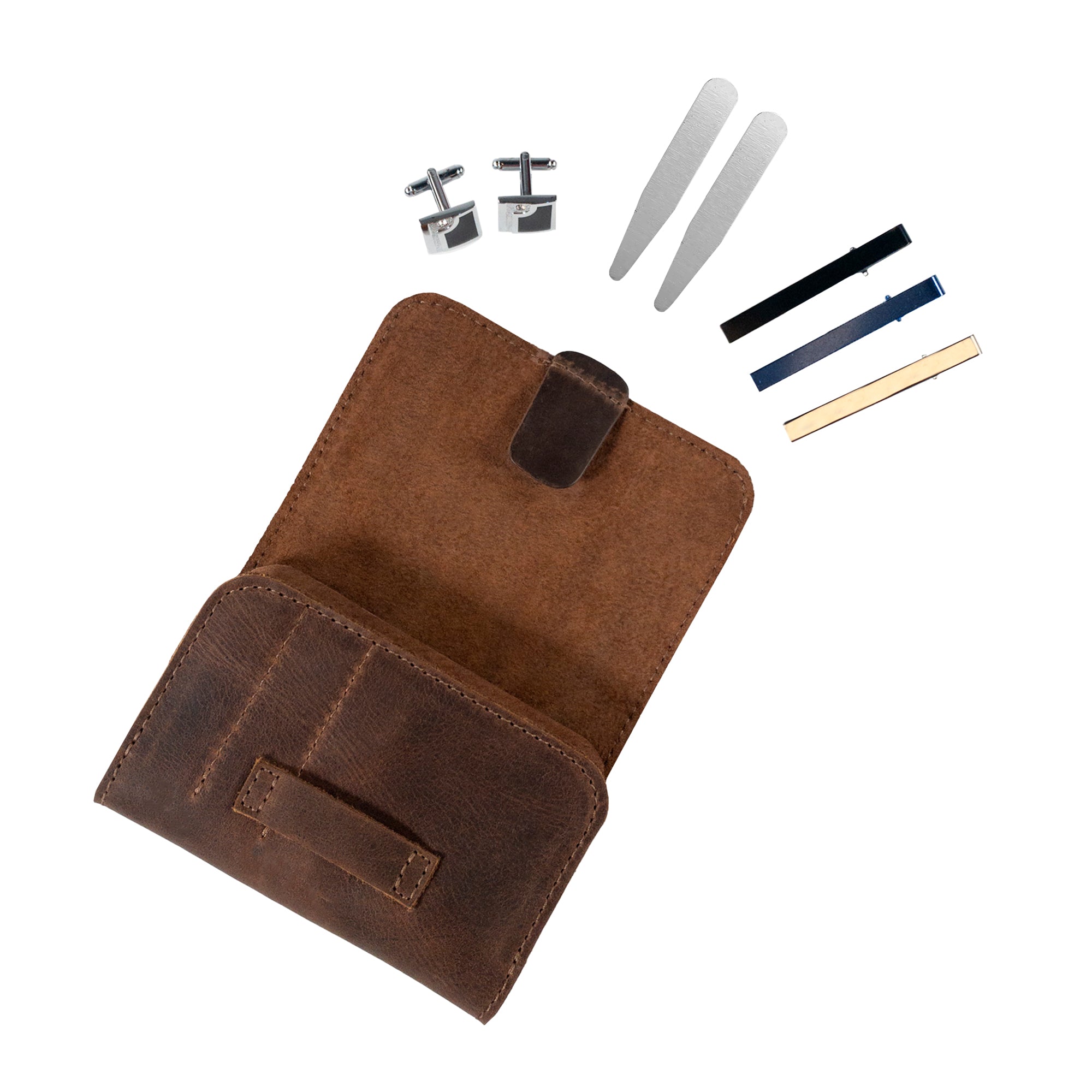 Rustic Case for Groomsmen Accessories by Hide & Groom alongside cufflinks and collar stays, emphasizing its practical design and high-quality full grain leather. This artisan travel bag is perfect for groomsmen, featuring handmade craftsmanship in La Antigua Guatemala.