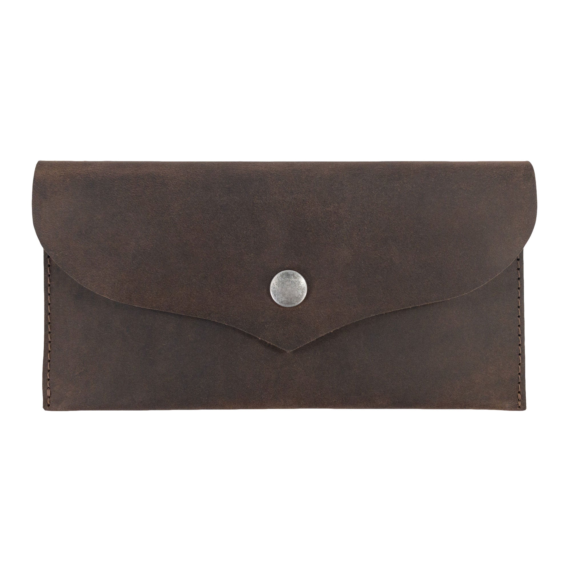 Front view of the Cash Pouch with Rivets by Hide & Drink, showcasing its sleek design and durable leather finish. This wallet is perfect as a versatile bill holder or ID case. Cash Pouch, Wallet, Money Organizer, Coin Case, Bill Holder, ID Case, StockyardX, Handmade, Full Grain Leather, Small Batch Production, Hand Cut, Hand Sewn, Fire Branded, Artisan, Handmade in La Antigua Guatemala & Oaxaca Mexico.