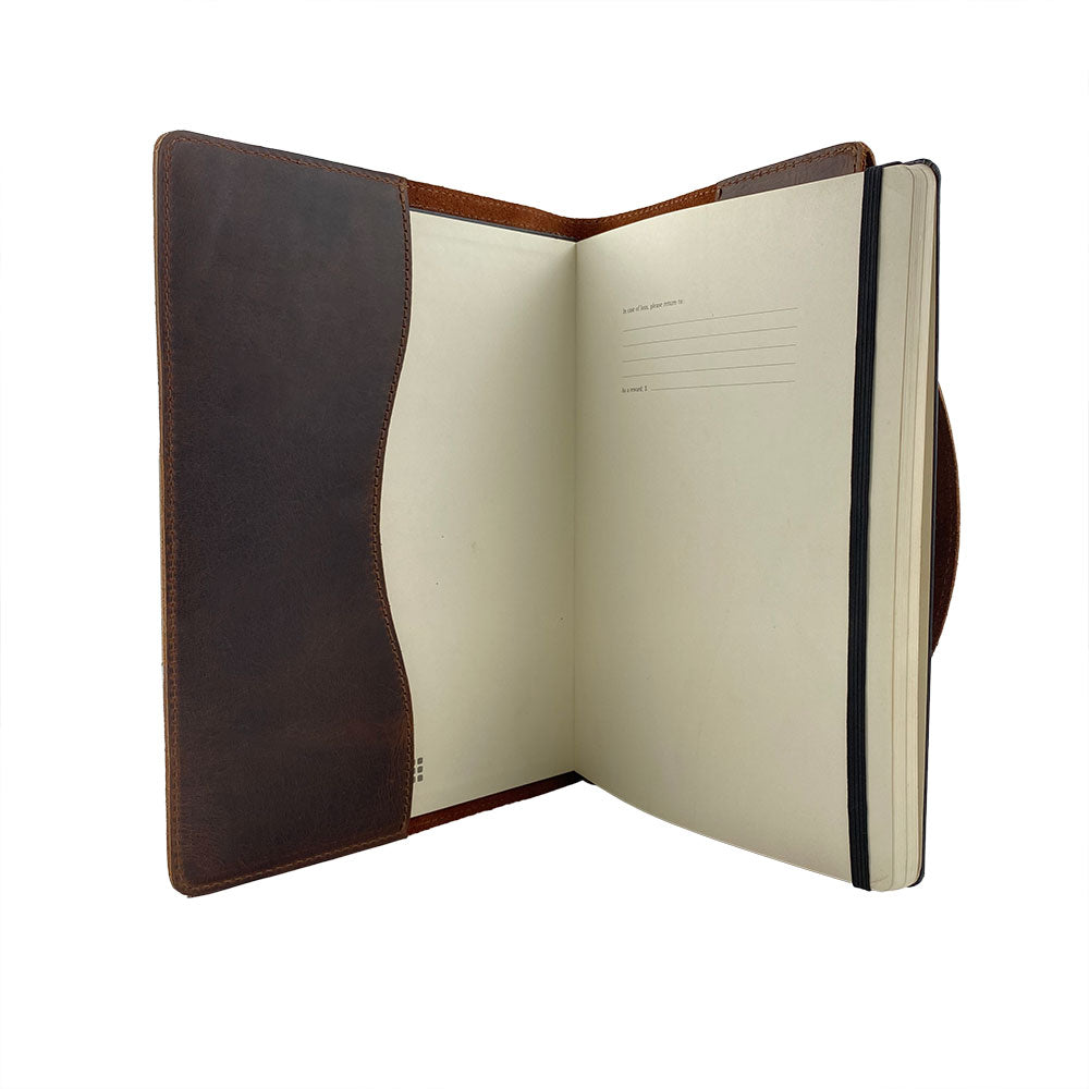 A back view of the Hard Cover Notebook Protector (Notebook NOT Included) by Hide & Drink, emphasizing its durable texture. This journal cover is designed for Moleskine Hard Cover Sketchbook XXL Size (8.5 x 11 in.), Notebook NOT Included, crafted from luxurious Full Grain Leather, featured in StockyardX’s small batch production methodology, hand cut, hand sewn, and fire branded by local artisans. Handmade in La Antigua Guatemala & Oaxaca Mexico.