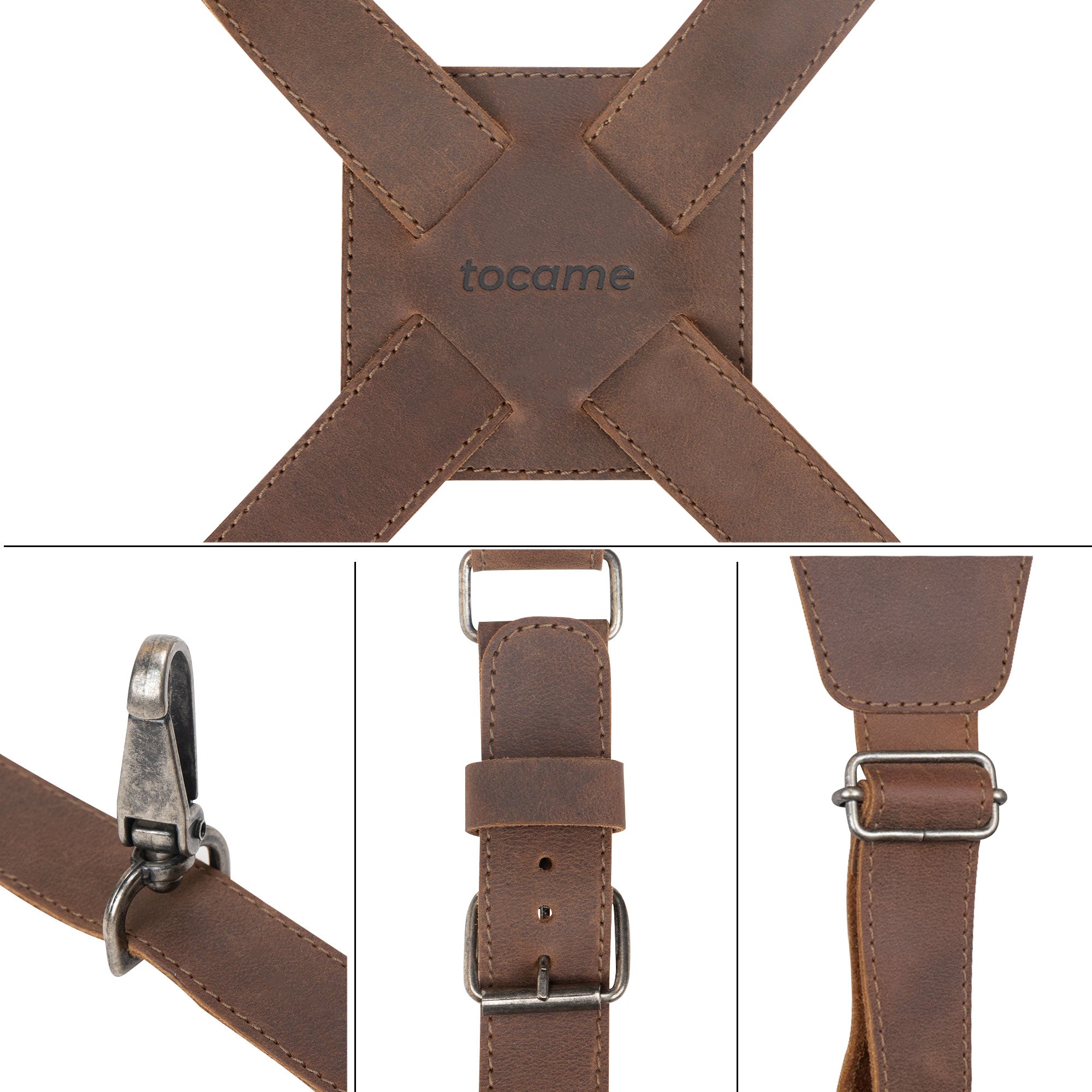 Detailed view of the Ajustable Harness for Alto & Tenor Saxophone by tocame, focusing on the quality materials and clips showcasing the craftsmanship. Made from full grain leather, this adjustable padded harness stands out in marching band essentials, reflecting small batch production and artisan skill from La Antigua Guatemala and Oaxaca Mexico.