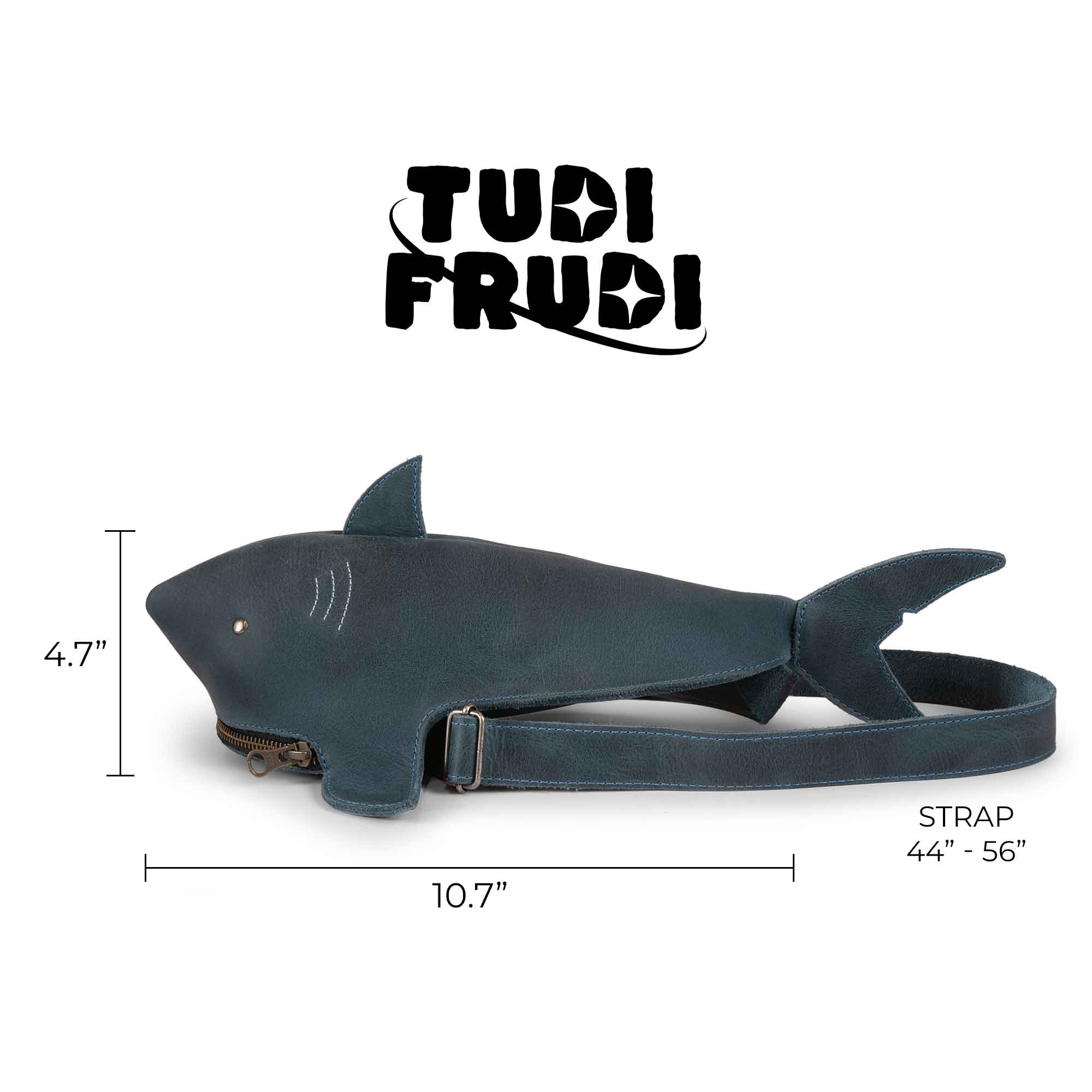 Dimensions of the Shark-Shaped Crossbody by Tudi Frudi, highlighting the Leather Shark-Shaped Sling Bag with Adjustable Strap. Ideal as a Crossbody Purse or Fanny Pack, this spacious yet compact design is handcrafted in La Antigua Guatemala, showcasing artisan craftsmanship through small batch production.