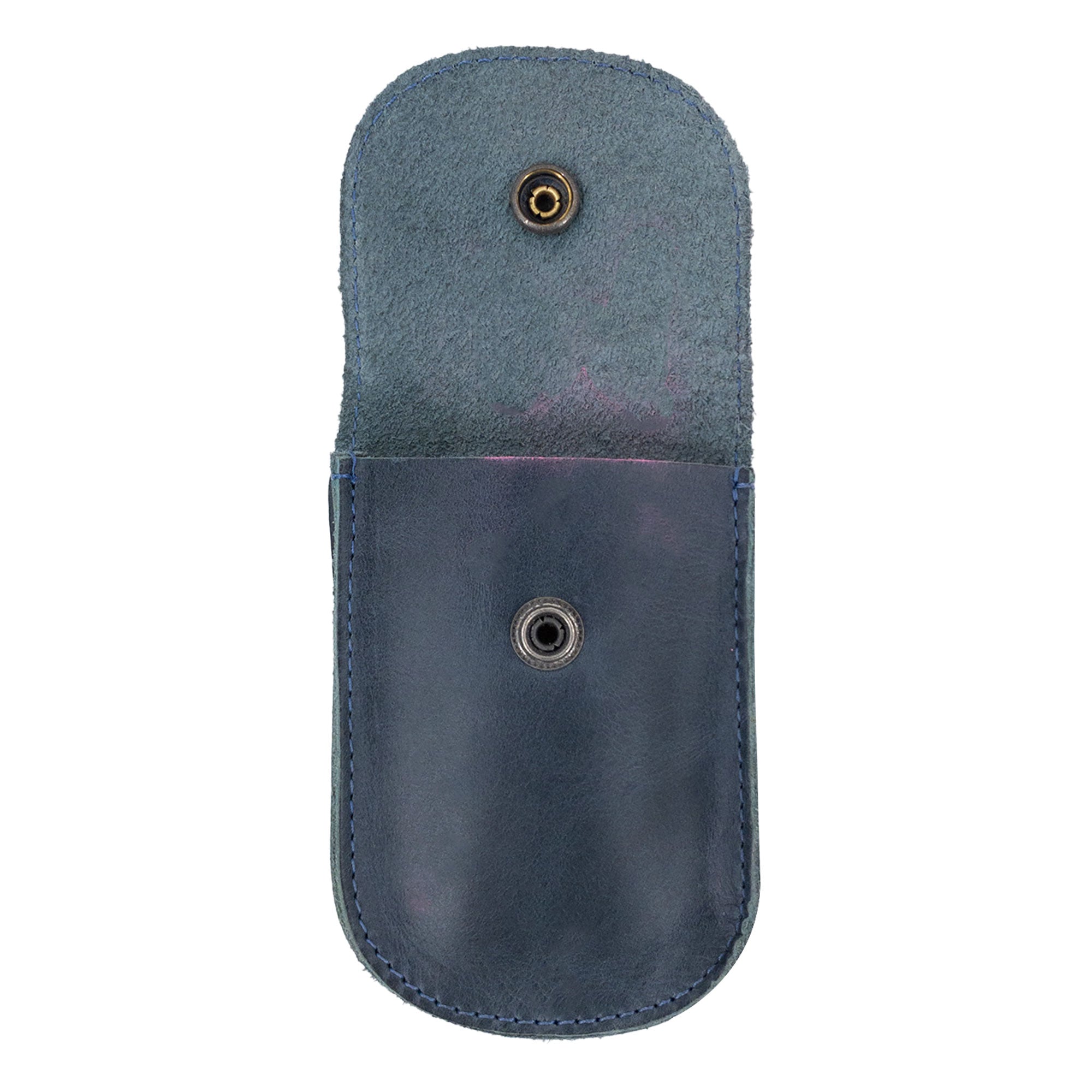 Interior view of the Navy Holster Pouch by Hide & Drink, showcasing its functional design and fire branded craftsmanship. Ideal for storing personal items securely, this handmade pouch reflects artisanal quality.