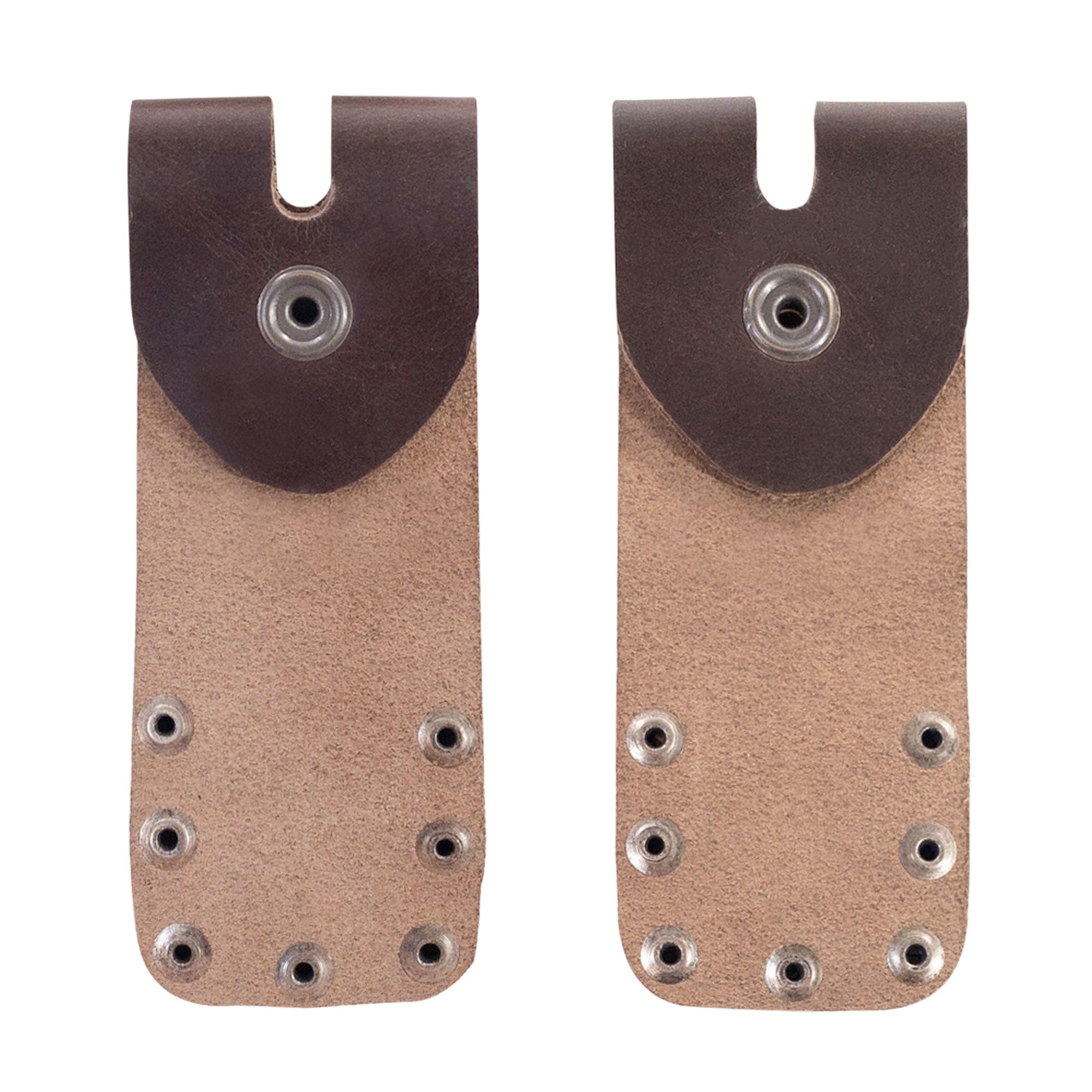 Set of 2 Flip Sleeves for Mute Drum Key Tool, Tuner & Dampener (Drum Key and Coin Not Included) by tocame, illustrating the unique design with a mixture of suede and full grain leather. An artisan's touch from La Antigua Guatemala ensures this product is both practical and stylish.