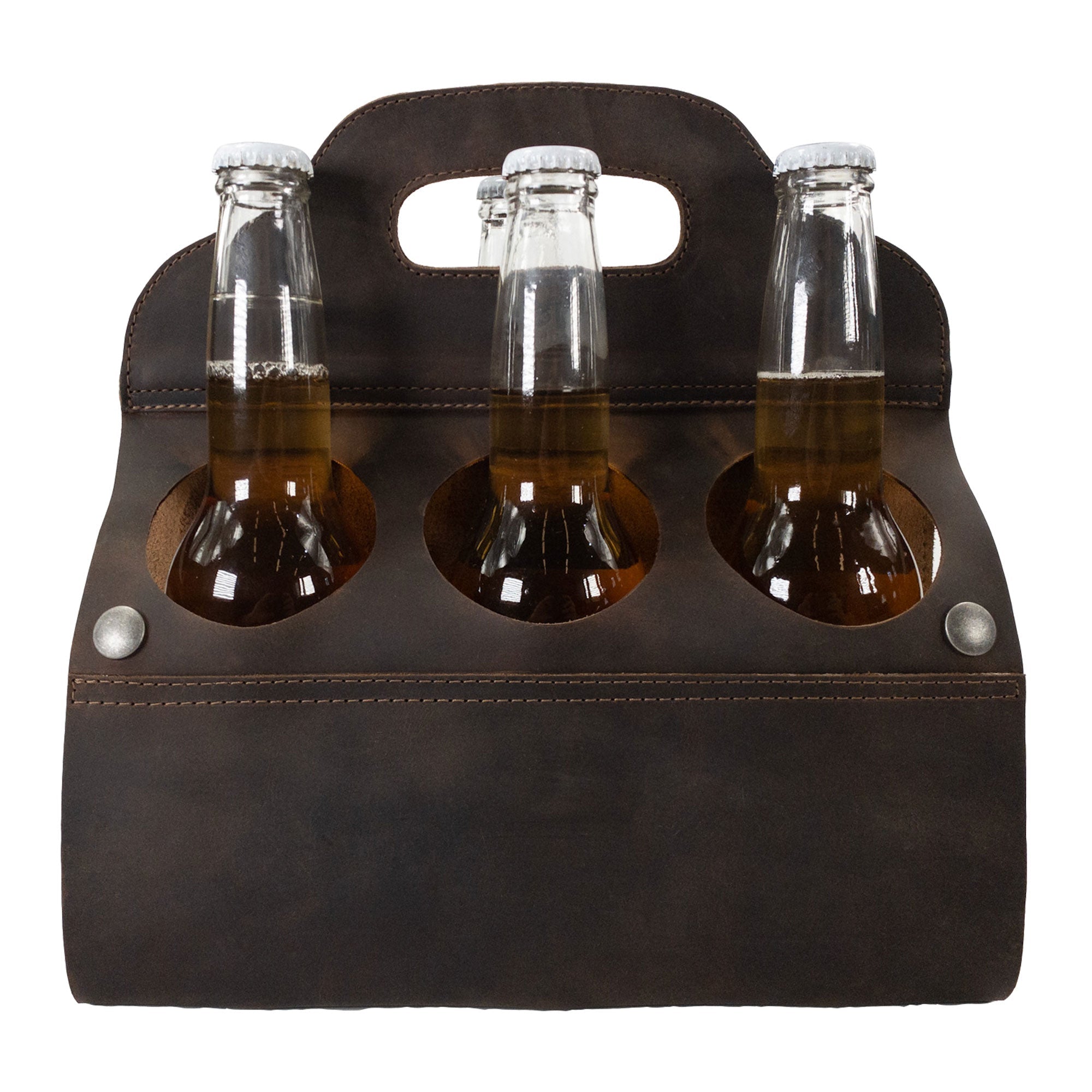 Front view of Hide & Drink's Six Bottle Caddy displaying three beverage slots, serving as an ideal Beer Holster for Bike. Made from Full Grain Leather, each piece showcases the artistry of Small Batch Production, hand cut and hand sewn for lasting quality.