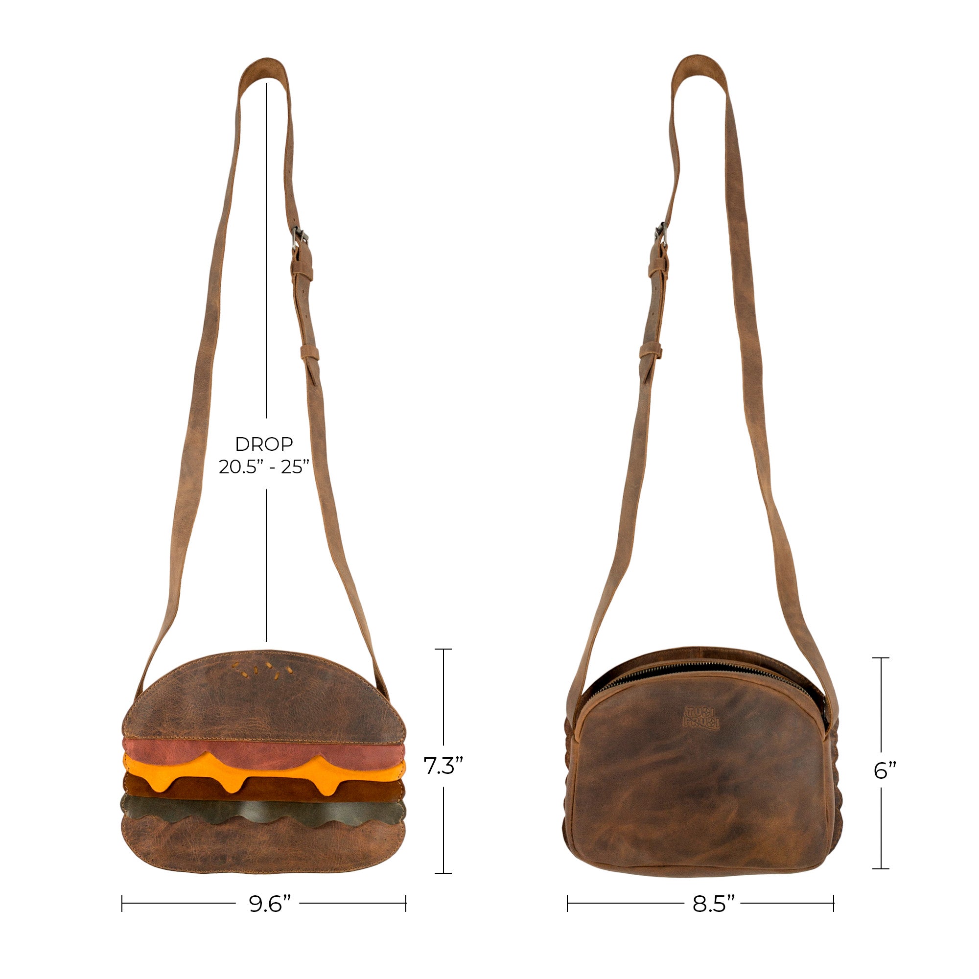 Side dimensions and measurements of the Burger-Shaped Shoulder Bag by Tudi Frudi, showcasing its compact yet roomy design. This Full Grain Leather bag is a stylish choice as a Crossbody Bag or Messenger Bag, reflecting artisan craftsmanship from small batch production. Handmade in La Antigua Guatemala & Oaxaca Mexico, it's a delightful Travel Accessory.