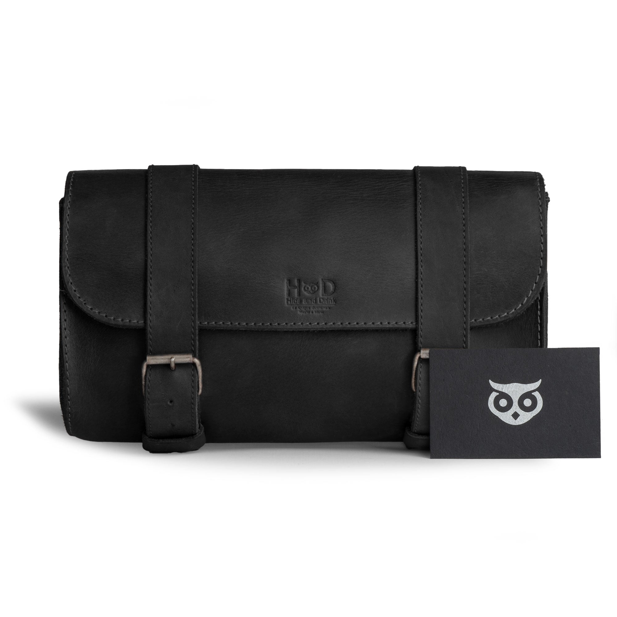 Hide & Drink Leather Motorcycle Tool Bag design displayed highlighting its craftsmanship in Full Grain Leather, suited for any biker needing a dependable Biker Bag for Tools and Essentials. This practical Handlebar Bag with Adjustable Straps also serves splendidly as a Tool Organizer, handmade in La Antigua Guatemala & Oaxaca Mexico.