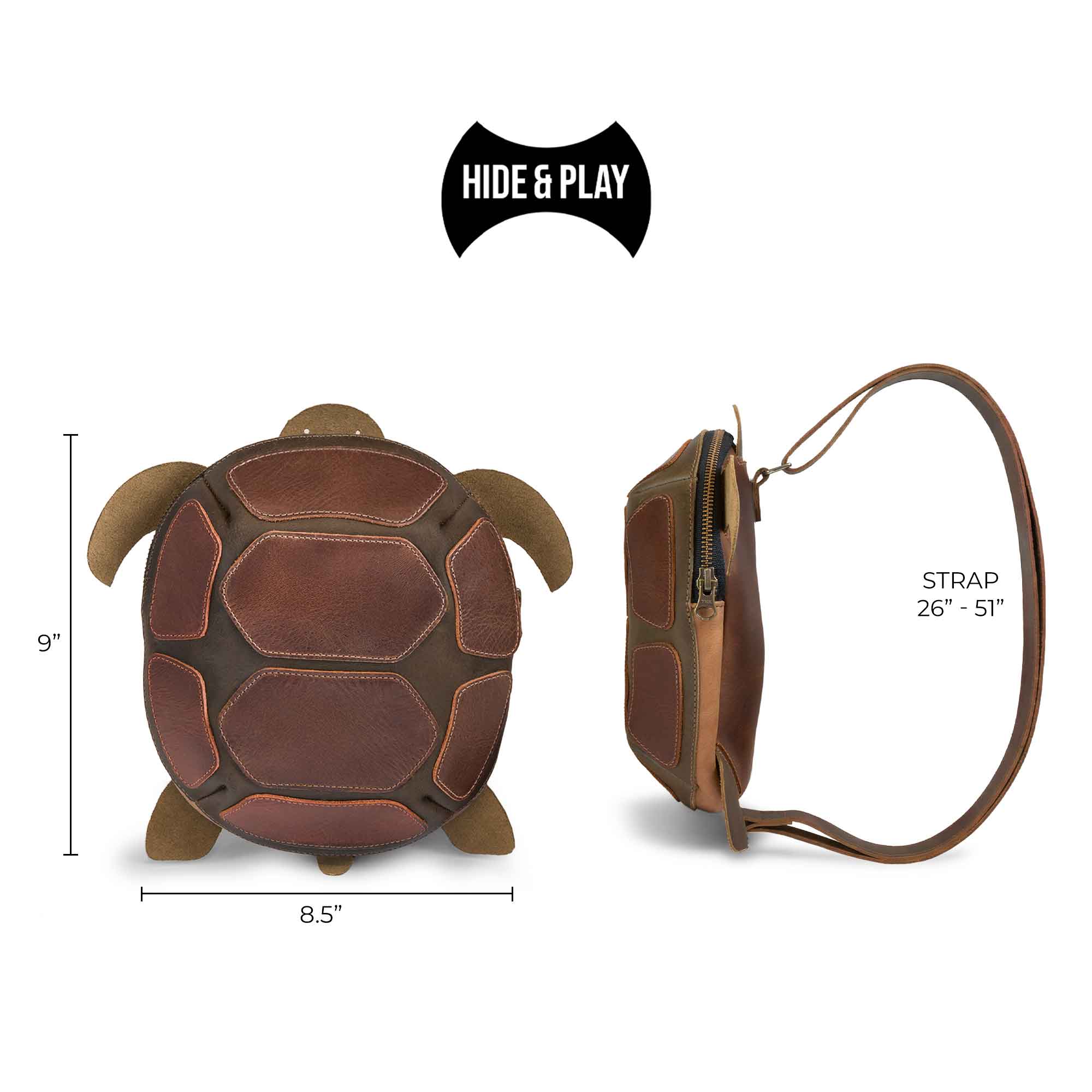 Dimensions of the Leather Turtle-Shaped Crossbody Bag by Hide & Play displayed with a stylish touch. This unique turtle bag doubles as a messenger bag and shoulder bag, made from full grain leather for durability and style. Handmade in La Antigua Guatemala & Oaxaca Mexico, it's a true artisan piece.