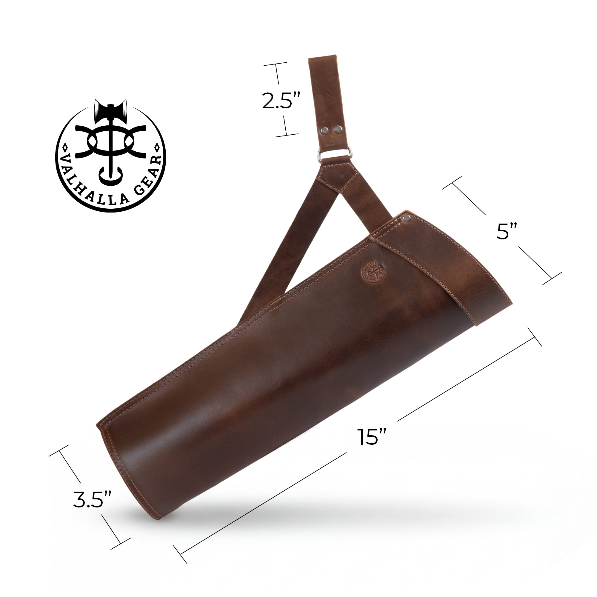 Dimensions and branding of The Marksman, Sling Hip Quiver for Bolts by Valhalla Gear, showcasing the Full Grain Leather craftsmanship. This stylish crossbow accessory is an efficient Crossbow Bolt Case and serves as a Cross Bolt Holder and Waist Sling Quiver for Bolts. An ideal solution for mini arrows, it is featured as an essential Archery Arrow Storage piece and a Bow Hunting Accessory, reflecting artisan values with small batch production, hand cut, and hand sewn in La Antigua Guatemala & Oaxaca Mexico.