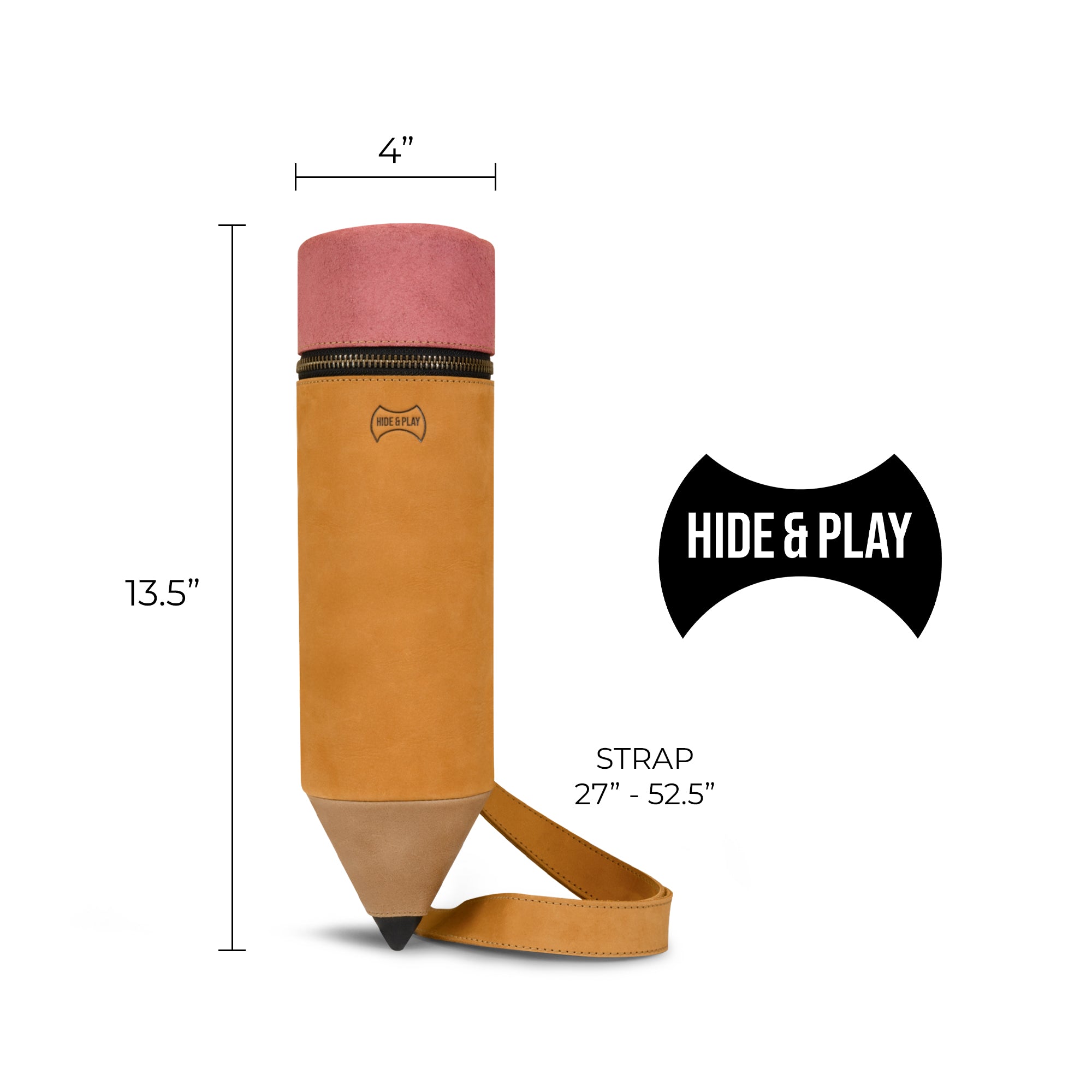 Dimensions illustration of the Pencil-Shaped Crossbody Bag by Hide & Play, emphasizing its compact size and adjustable strap length. This Leather Pencil-Shaped Crossbody Bag is perfect as a zippered sling bag or purse, crafted with care in La Antigua Guatemala & Oaxaca Mexico.