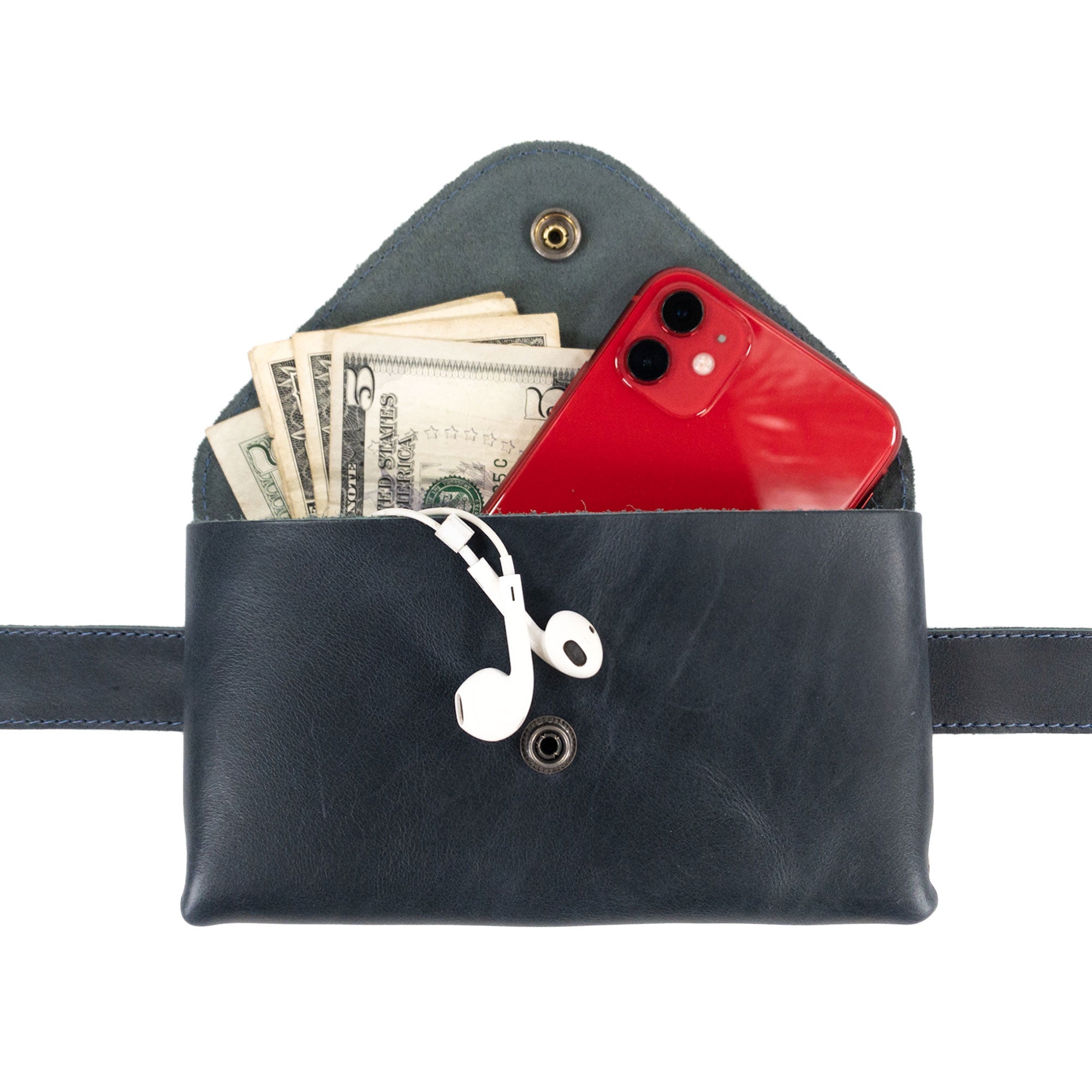 Showcasing Arm view of Hide & Drink’s Fancy Fanny Pack in polished black leather, perfect for style-conscious travelers. This full grain leather waist pouch is crafted for function and characteristic vintage charm.