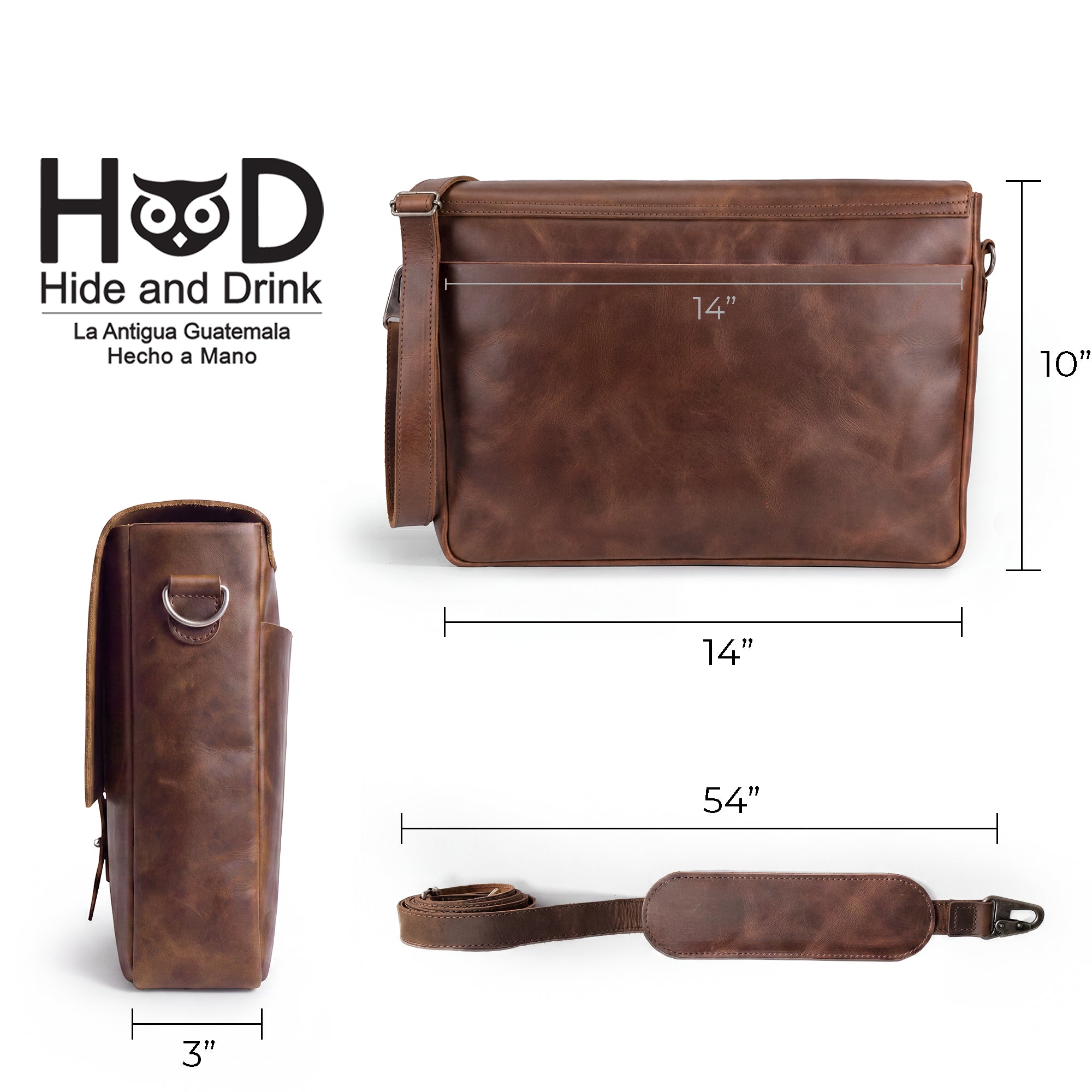 Size comparison of Hide & Drink's Messenger Bag with Adjustable Strap, showcasing its dimensions and versatility for carrying essentials. This messenger bag with shoulder strap, made from full grain leather, is a stylish classic portfolio that illustrates artisan craftsmanship through small batch production. Handmade in La Antigua Guatemala & Oaxaca Mexico.