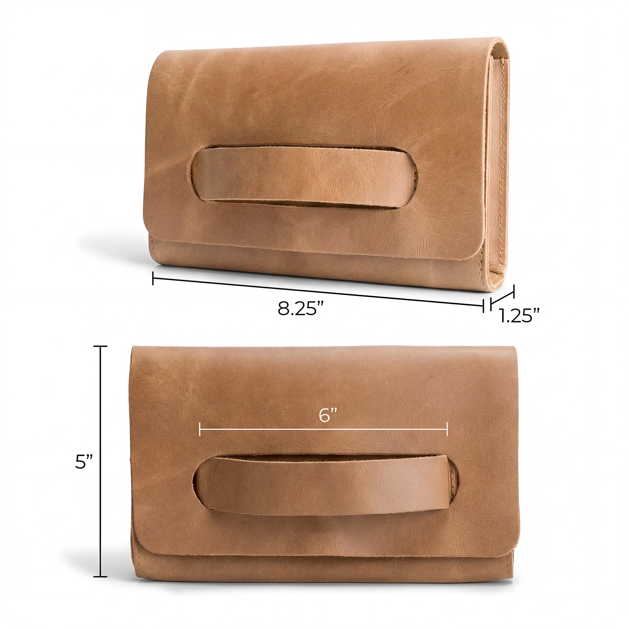 Dimensions of the brown Clutch Bag With Handle by Hide & Drink, showcasing its chic profile. This Full Grain Leather Clutch Bag with Handle is ideal as a handbag or night bag for women, lovingly made in Guatemala and Mexico.