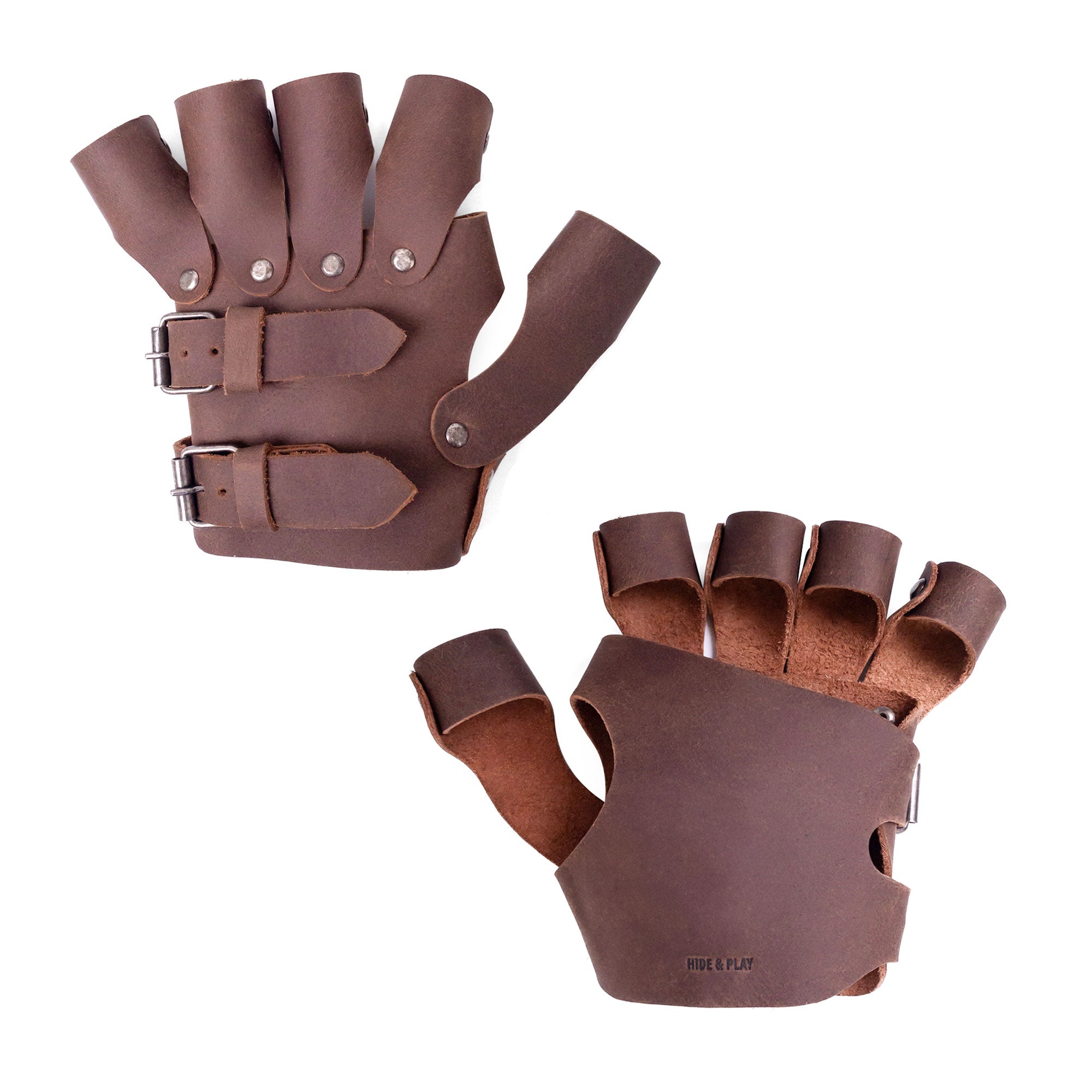 Side-by-side comparison of the Set of 2 Steampunk Gloves, showcasing their unique design and high-quality craftsmanship. Made from full grain leather by Hide & Play, these vintage gloves are perfect for cosplay and highlight handcrafted quality from small batch production in La Antigua Guatemala.