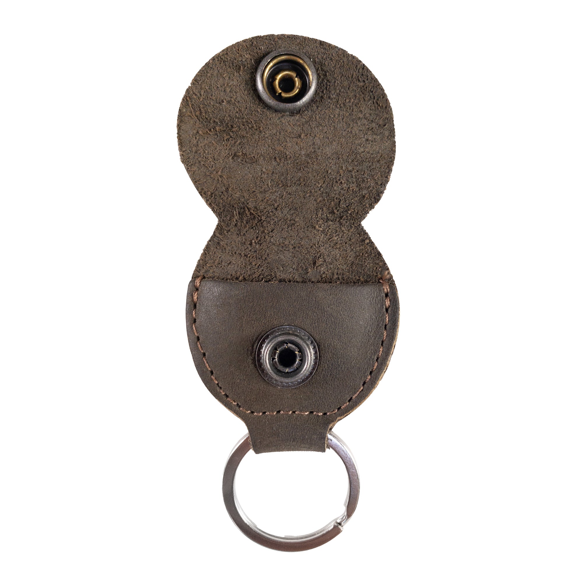 Open view of the Key Chain & Guitar Pick Holder by Hide & Drink displaying vibrant guitar picks. This Guitar Pick Holder with Ring is an essential key organizer for guitar players, made from Full Grain Leather. It represents small batch production, highlighted by Hand Cut and Hand Sewn craftsmanship, with a fire branded design, handmade in La Antigua Guatemala & Oaxaca Mexico.