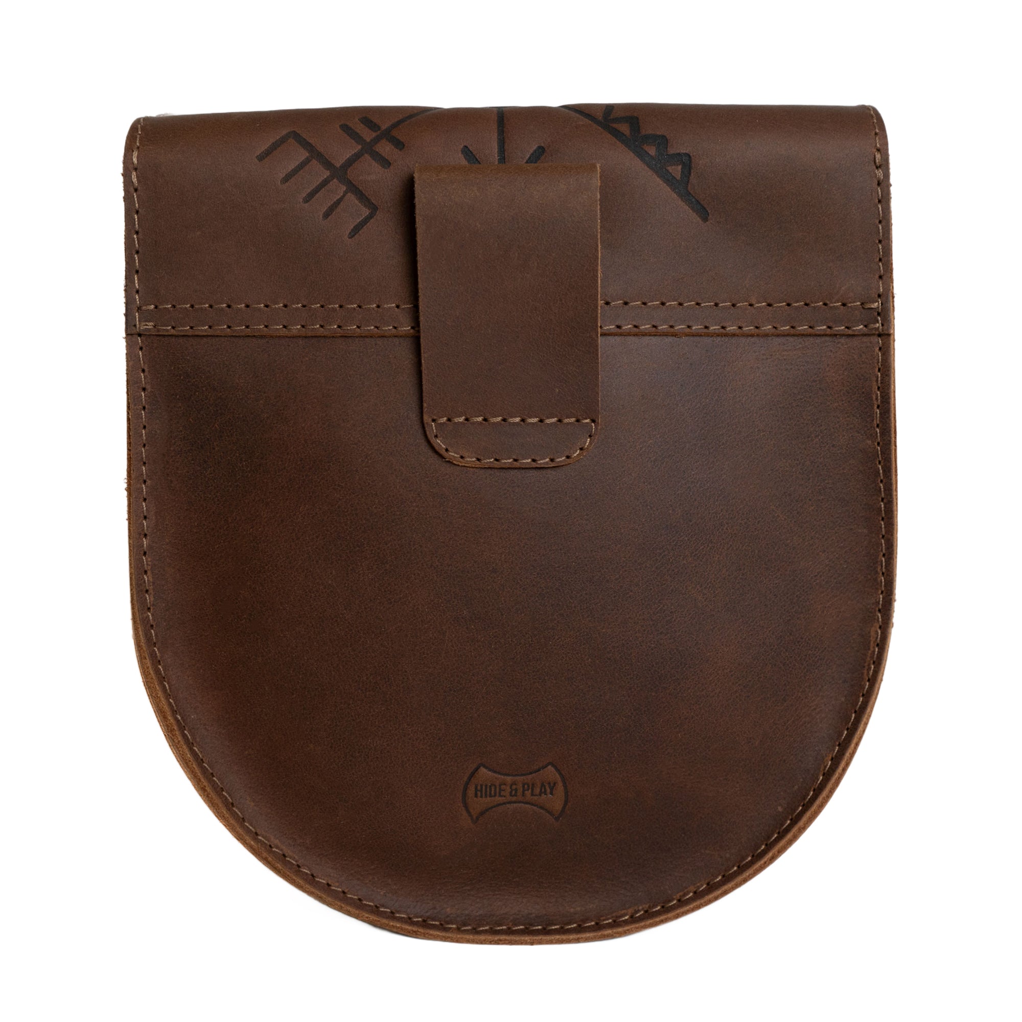 Back view of the Rune Belt Pouch from Hide & Play, featuring a sleek leather design. This handmade medieval waist bag is a versatile Viking accessory, crafted with attention to detail from full grain leather in La Antigua Guatemala, ensuring a unique touch for any costume.