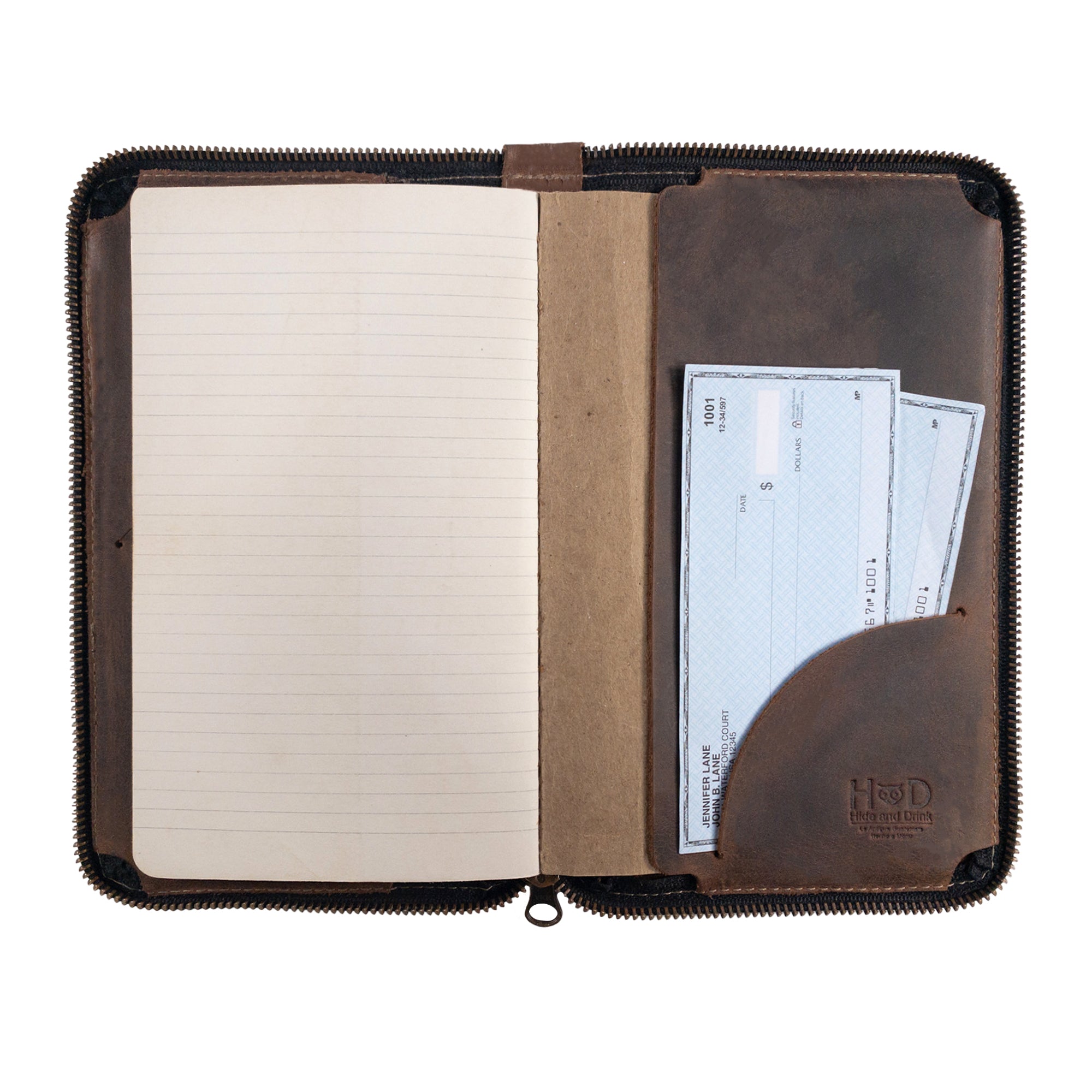 Size comparison of Hide & Drink's Zippered Journal Cover for Moleskine (Notebook NOT Included) against a field notes booklet, emphasizing its optimal fit and design.
