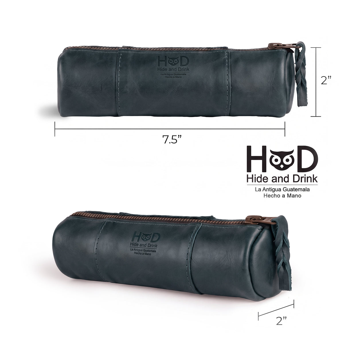 Dimensions view of the Utility Cylinder Case by Hide & Drink, showcasing its practical size. This classic, handmade bag is perfect for organizing personal items or office supplies, crafted in Full Grain Leather. Cylinder Case, Rustic, Artisan.
