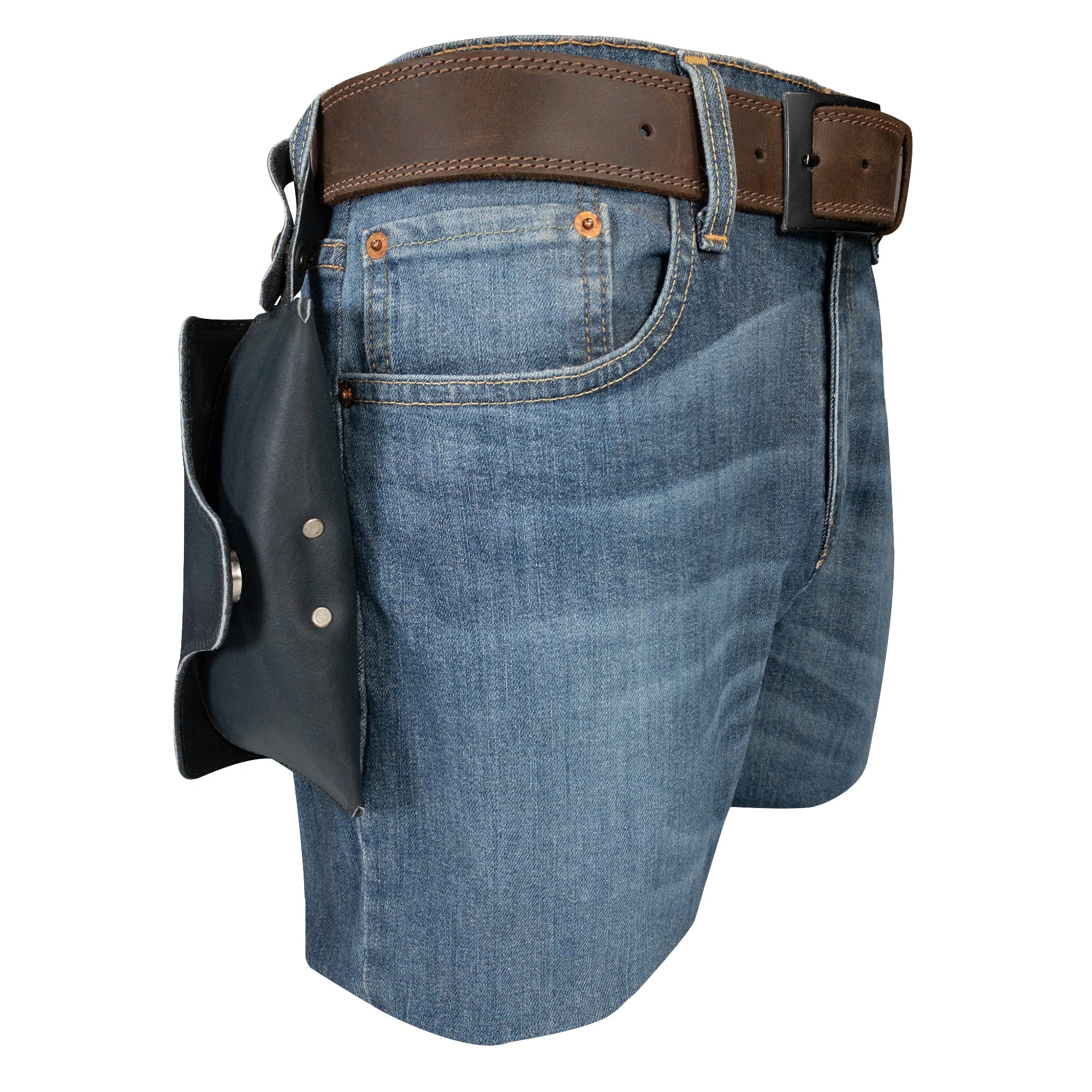 Eyeglasses Case with Strap by Hide & Drink worn on a belt, showcasing everyday functionality. Crafted from full grain leather, this sunglasses case serves as a sturdy protector for eyewear, symbolizing artisan quality from La Antigua Guatemala & Oaxaca Mexico.
