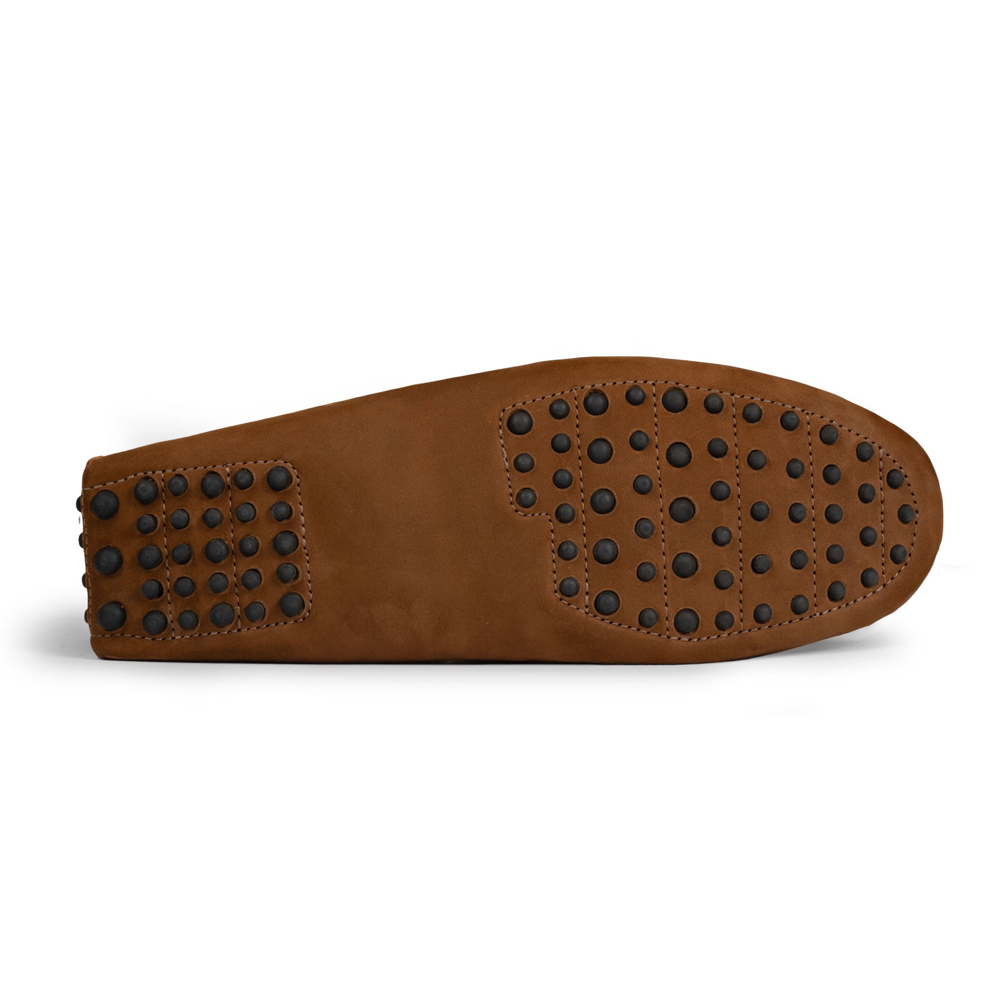 Bottom view of The Roadster Leather Driving Moccasins, showing the distinctive rubber sole crafted from Full Grain Leather, emphasizing the artisan's attention to detail and small batch production at La Leche, handmade in La Antigua Guatemala & Oaxaca Mexico.