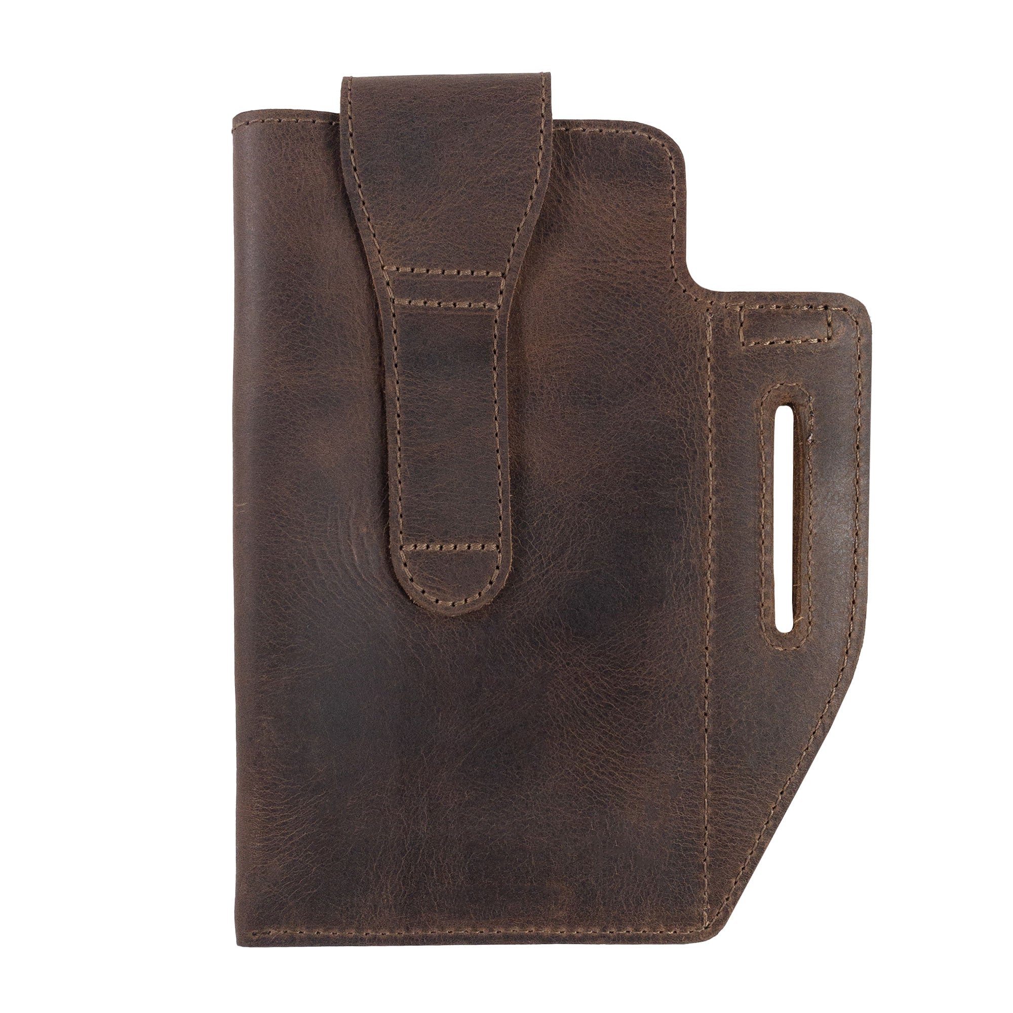 Back view of the Heavy Duty Hide Rustic Phone & Cigarette Pack Holder showcasing its sleek leather finish and functional design. Handmade from full grain leather, this tactical organizer is a perfect accessory for outdoor protection, crafted in La Antigua Guatemala & Oaxaca Mexico.