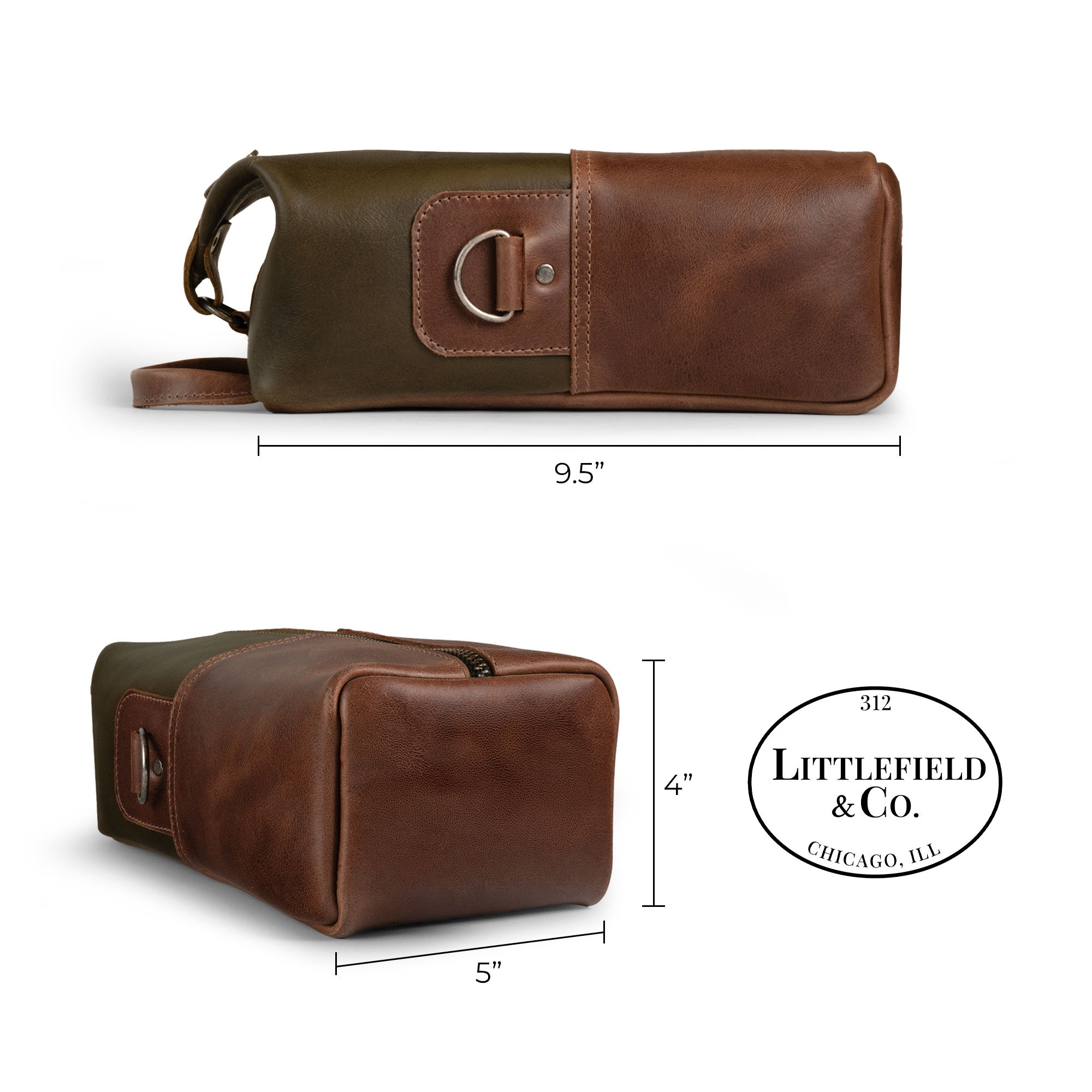 The Vintage Adventure Dopp Kit from Littlefield Chicago displayed with its dimensions, showcasing this artisan-made toiletries organizer for men which doubles as a shaving bag for travel, made from high-quality full grain leather.