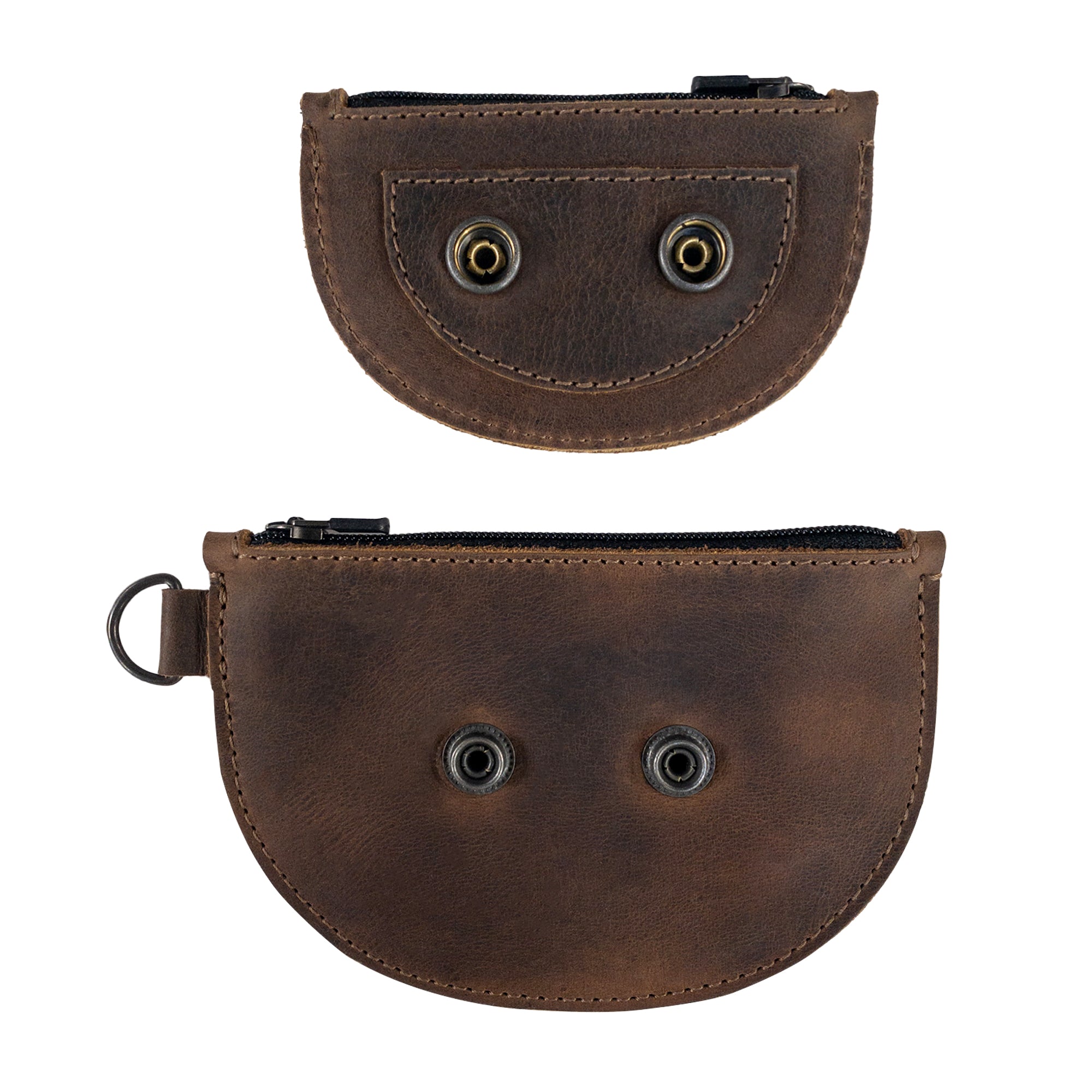 View of Heather's Semi-Circular Double Wallet detailing button closures and a unique design, emphasizing its utility as a coin pouch and money holder. Crafted from Full Grain Leather, this wallet is a product of small batch production by dedicated artisans.