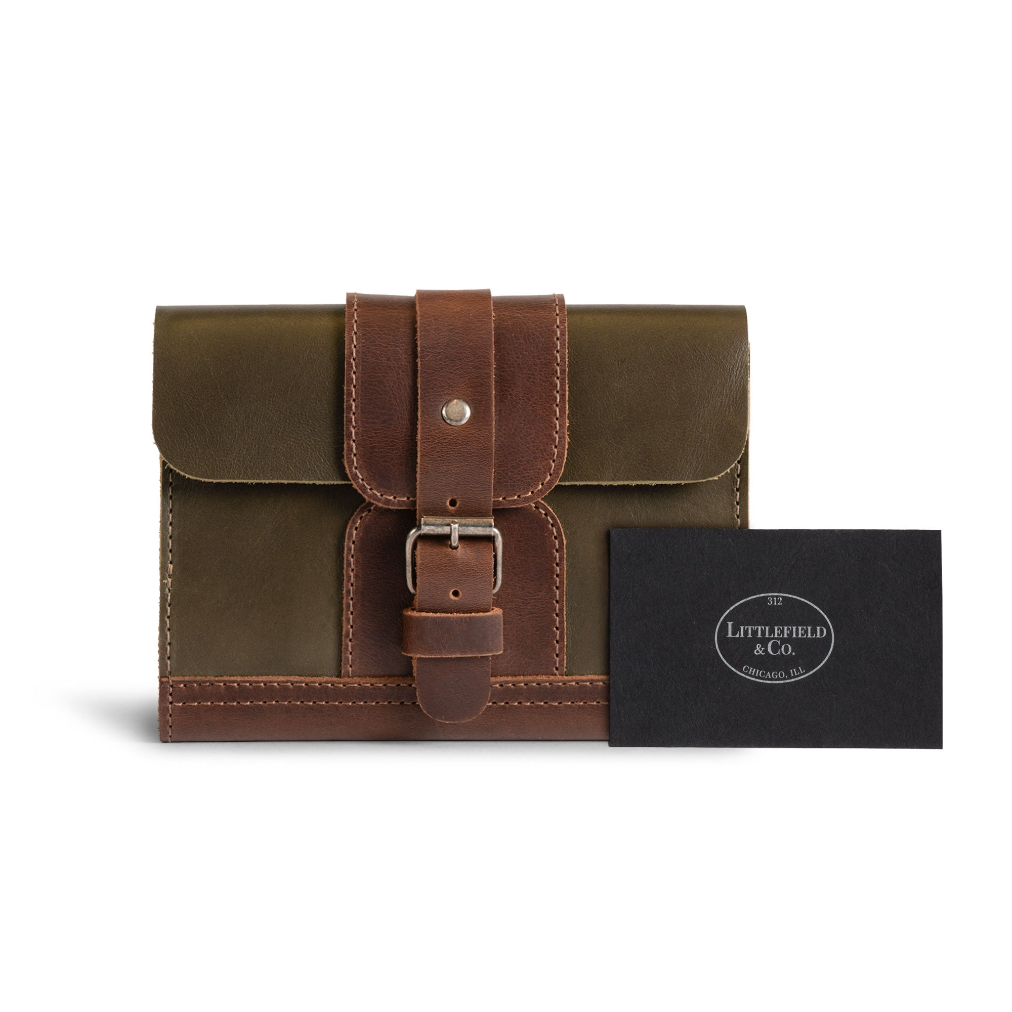 Adventurer Field Notes Cover by Littlefield Chicago displayed with a business card. This Adventurer Journal Cover for Field Notes (3.5 x 5.5 in. Notebook not Included) serves as an elegant Notebook Holder and Journaling Accessory for Outdoors. Made from Full Grain Leather, it’s a refillable Travel Sleeve showcasing hand cut and hand sewn craftsmanship that embodies fire branded artisan quality made in La Antigua Guatemala and Oaxaca Mexico.