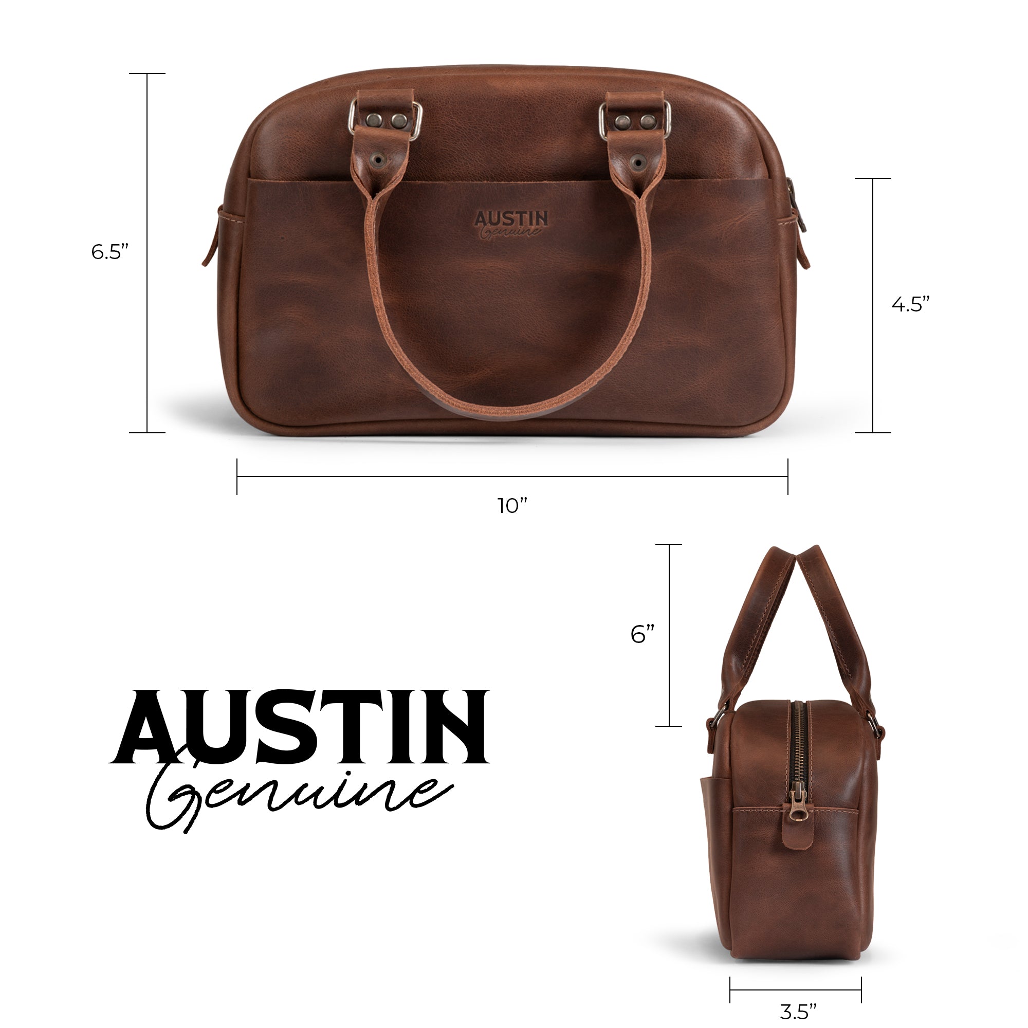 Dimensions and details of The Rainey Handbag by Austin Genuine are presented, emphasizing its compact yet ample design. The piece, crafted from Full Grain Leather, is the result of Small Batch Production and highlights Hand Cut and Hand Sewn artistry while carrying an artisan Fire Branded mark, made in La Antigua Guatemala & Oaxaca Mexico.