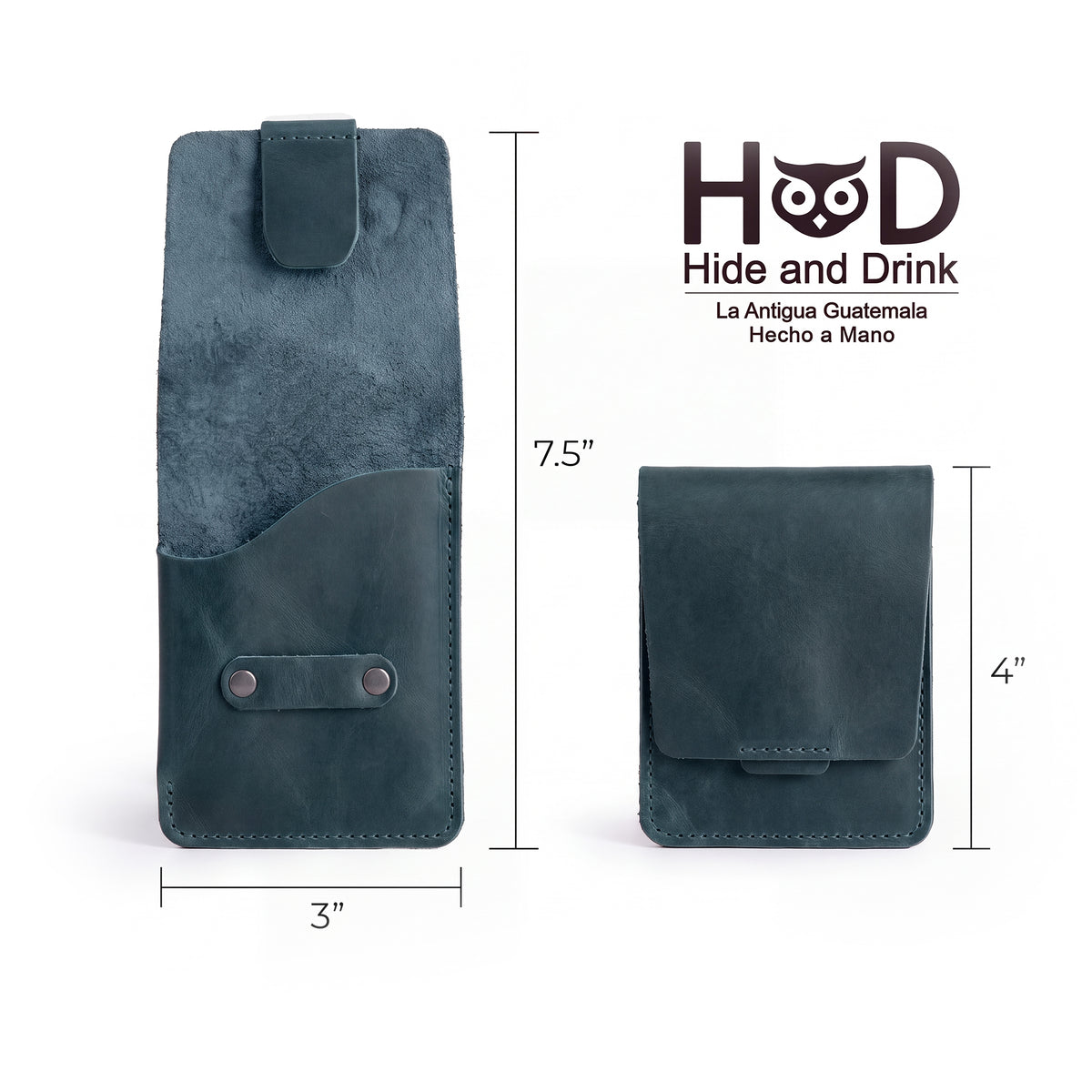 Hide & Drink Slim Card Holder with dimensions, emphasizing its sleek profile. This vertical card holder is made from durable full grain leather, holding up to 4 cards and cash, crafted by artisans in La Antigua Guatemala.