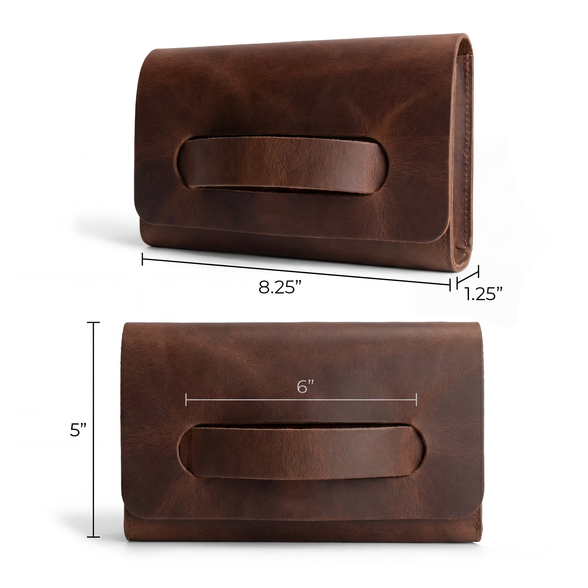 Measuring dimensions of the Clutch Bag With Handle from Hide & Drink. This Full Grain Leather Clutch Bag is designed for women seeking a stylish handbag or night bag, made through small batch production by artisans in Guatemala and Mexico.