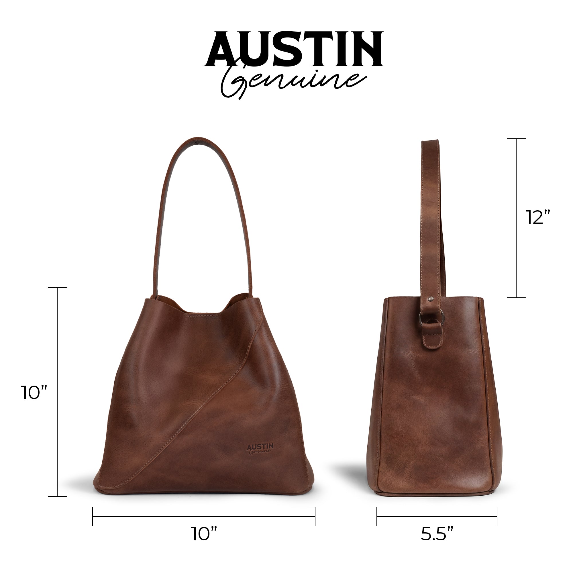 Size comparison of The Pemberton Shoulder Bag by Austin Genuine, displaying its dimensions alongside the unique design that emphasizes its full grain leather and fire branded logo.