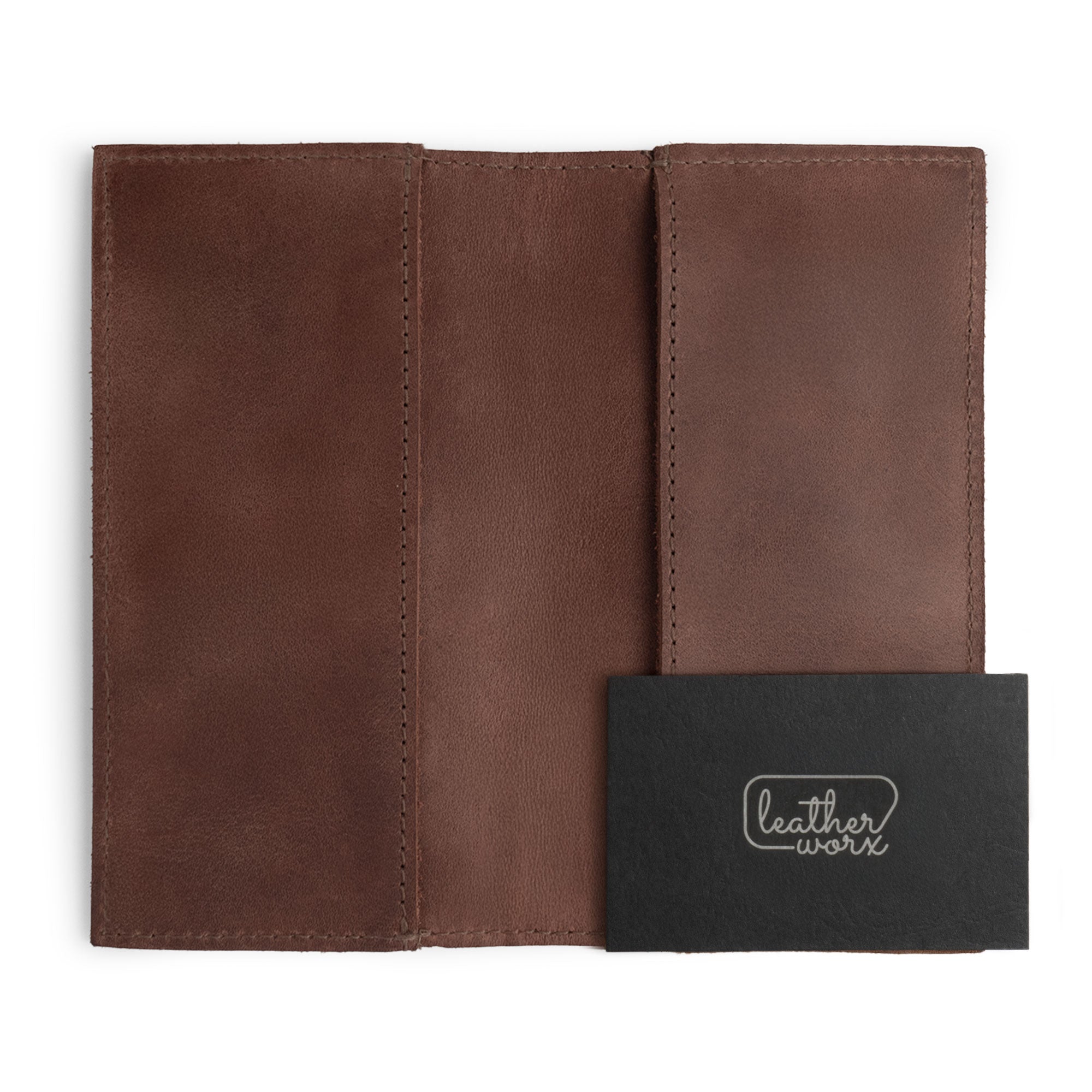 A closed checkbook cover from Leather Worx, made with full grain leather and featuring a minimalist design. This bill holder is ideal for personal or business finances and is handcrafted by artisans in La Antigua Guatemala, emphasizing small batch production and the beauty of handmade goods.