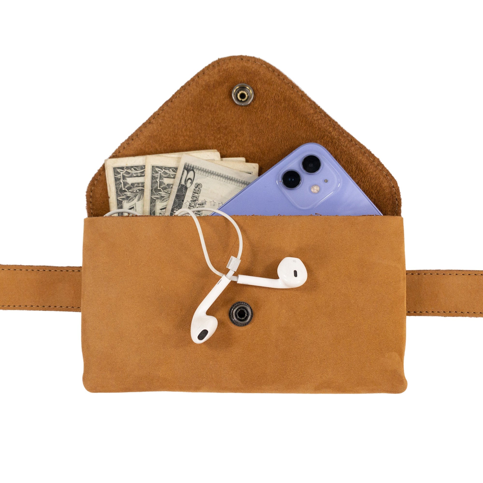 Formal display of Hide & Drink's Fancy Fanny Pack in brown leather, demonstrating its unique artisan branding. Crafted from full grain leather, this artisan-made waist pouch is perfect for stylish travel.
