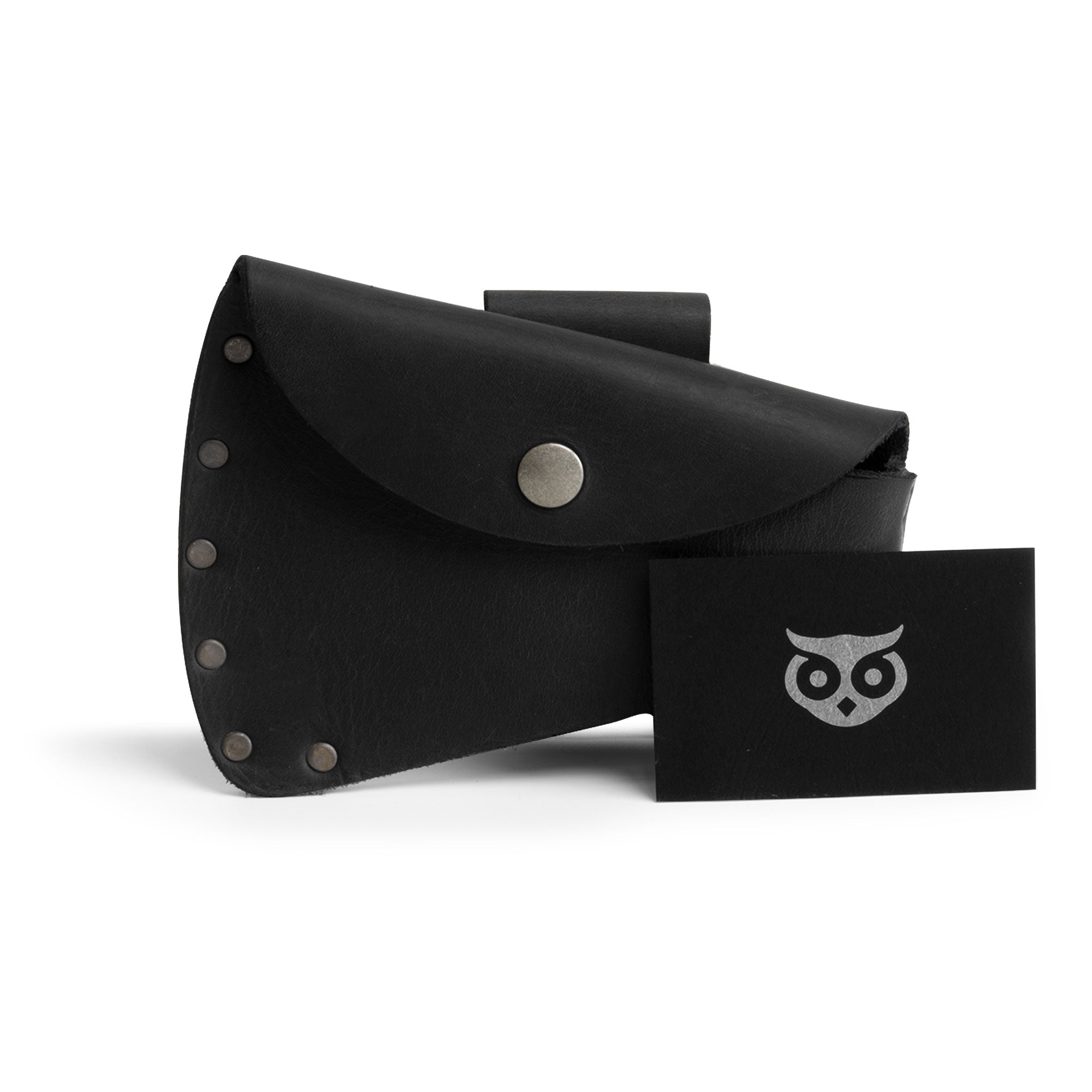 Hide & Drink Hatchet Head Sheath depicted with a business card, emphasizing its premium black leather design as a holster for 1.5 in. belts, making it an essential axe head case and blade cover for lumberjack work essentials.