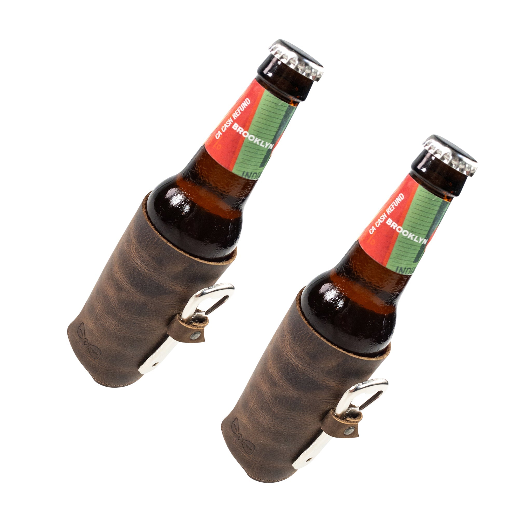 Hide & Groom Beer Bottle Sleeve Set of 2 elegantly designed for standard bottles, showcasing the practical bottle opener slot and collapsible feature. These handcrafted covers are made from full grain leather in La Antigua Guatemala.