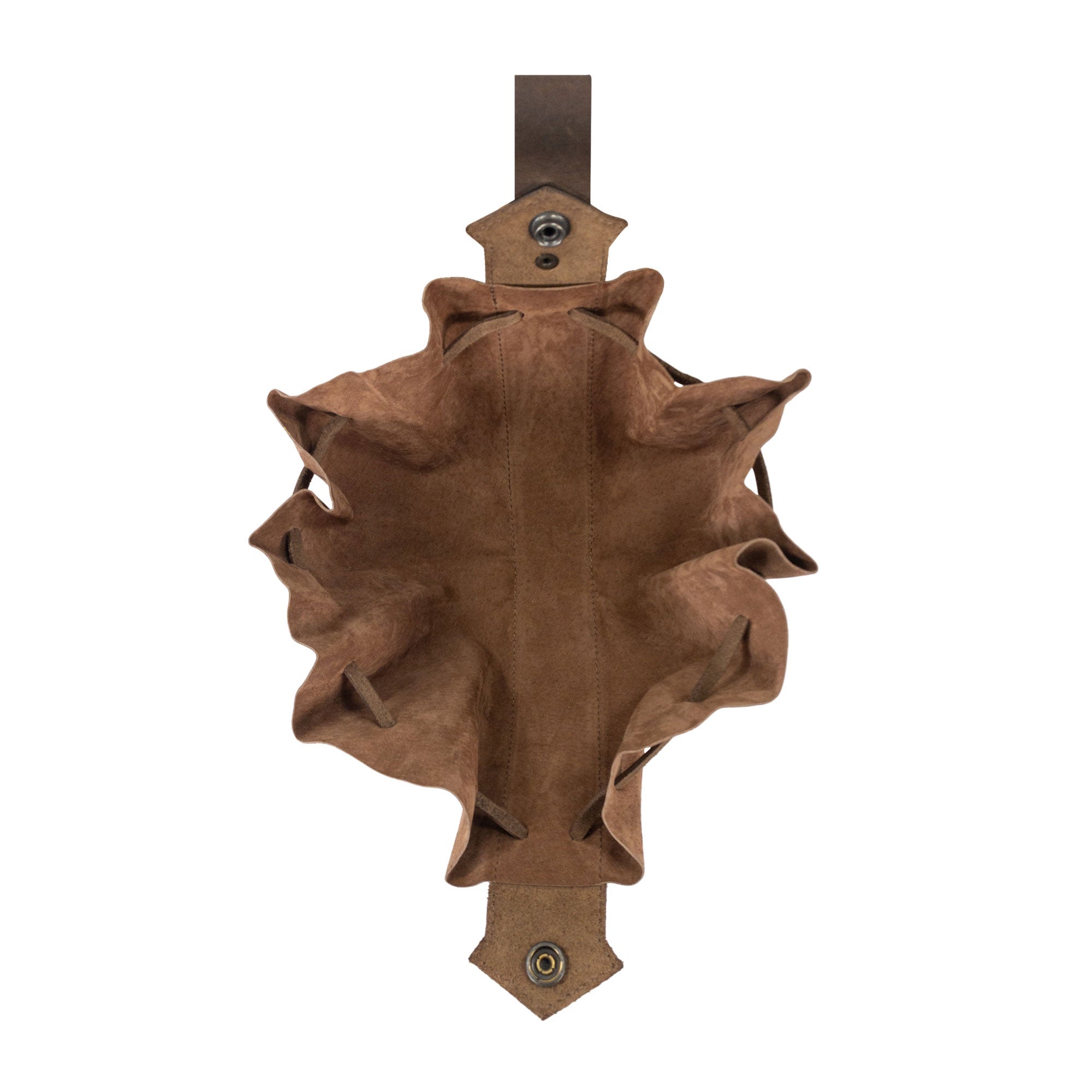 Inside view of the Medieval Drawstring Pouch by Valhalla Gear, displaying its intricate folds and Full Grain Leather craftsmanship, ideal for carrying essentials while showcasing handmade quality.
