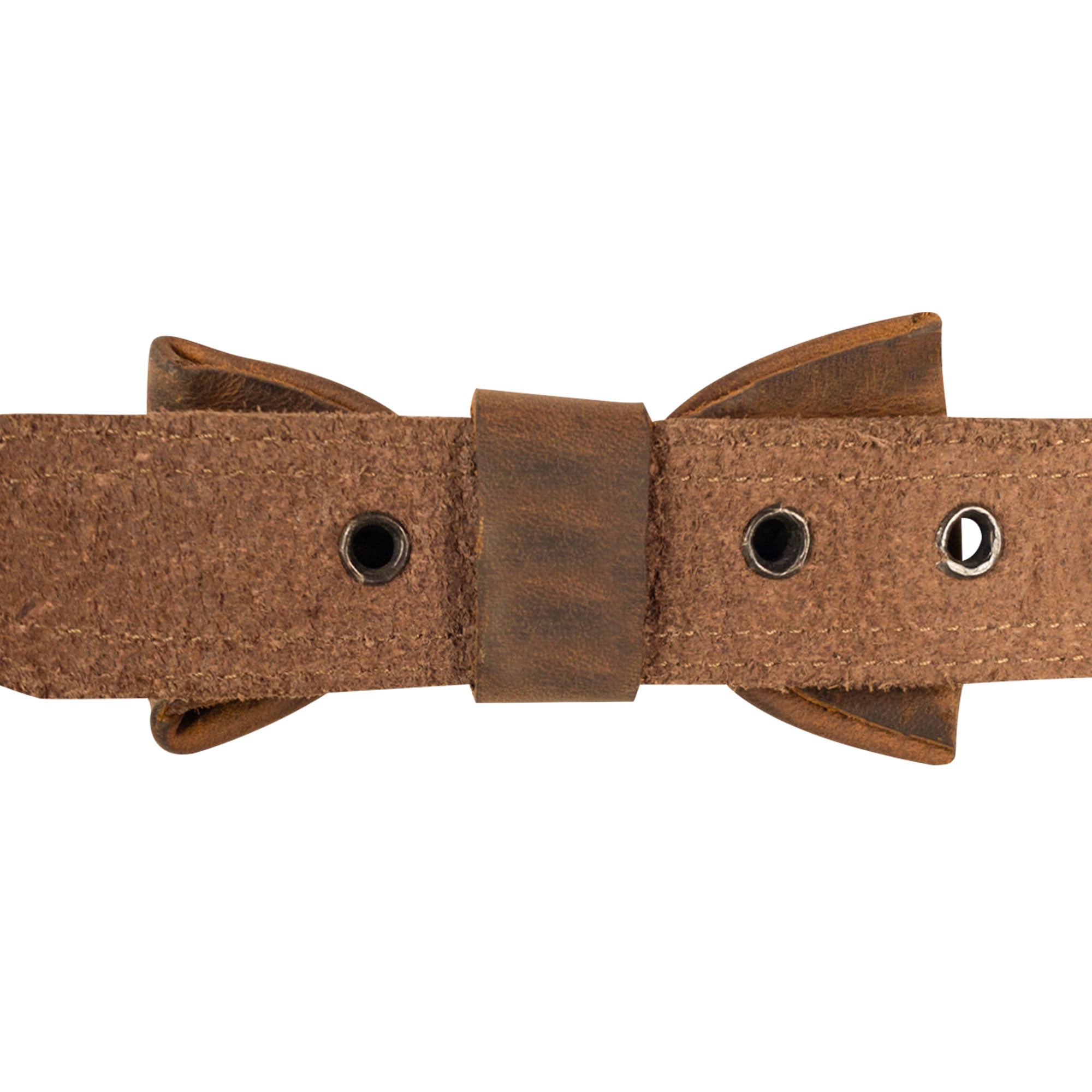 Close-up of the back of a leather bow tie for dog collar by Taco Dog. This Bow Tie for Dog Collar is a unique addition that easily attaches to any collar (1.25 in. wide), ensuring a stylish look for your dog. Bow Tie for Dogs - Attaches onto Most Dog Collars (Collar Not Included) - Fancy Cute Stylish Pet Accessory Attachment, Full Grain Leather, StockyardX, Small Batch Production, Hand Cut, Hand Sewn, Fire Branded, Artisan, Handmade in La Antigua Guatemala & Oaxaca Mexico.
