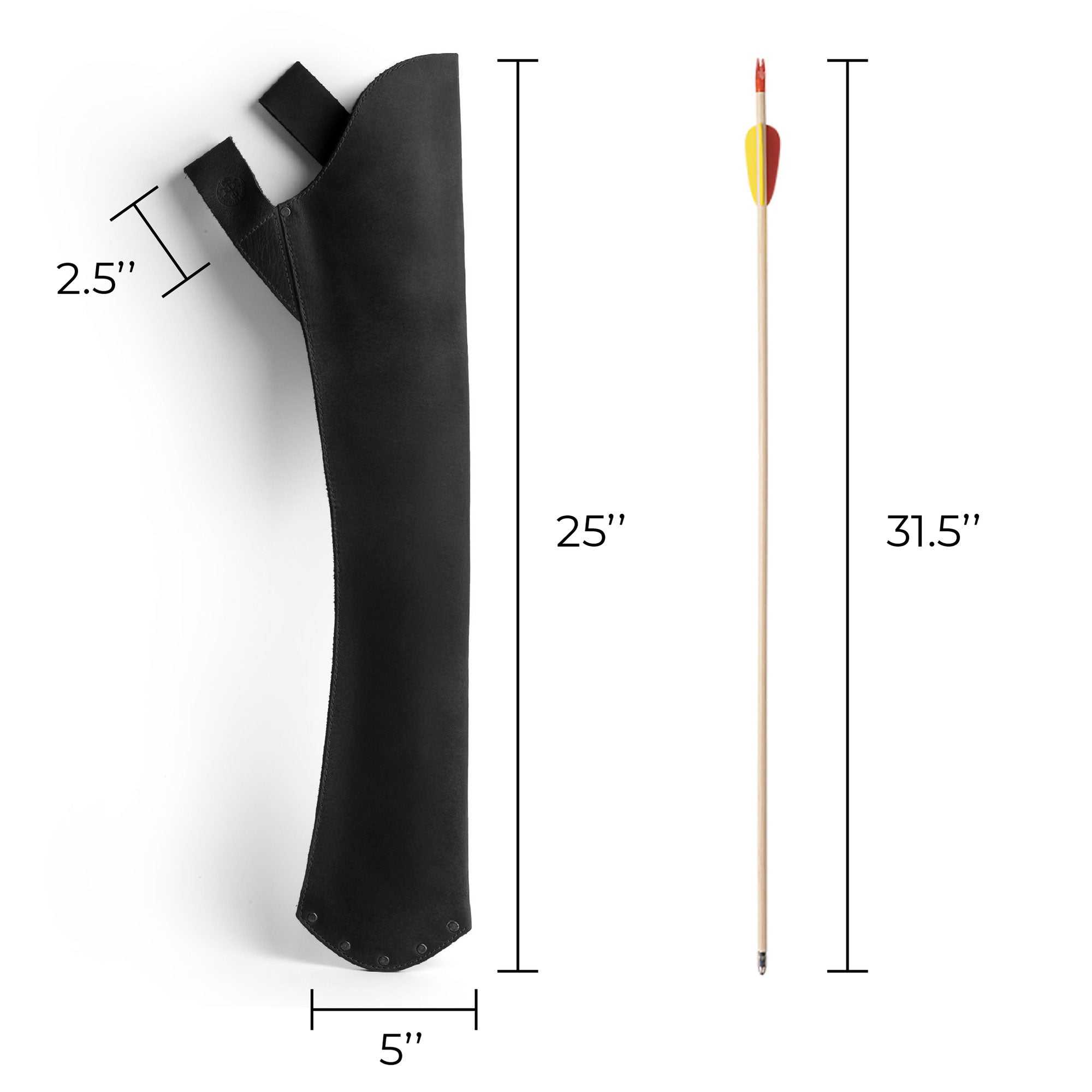 Dimensions of the black Valhalla Gear Hip Quiver laid out beside arrows, highlighting its utility. This Leather Hip Quiver for Arrows functions as an excellent Hunting Quiver Arrow Holder and Archery Quivers Holder. Known for its durability, it serves as the best compound bow arrow quiver for recurve bows and back quivers, handcrafted in La Antigua Guatemala with artisan, hand cut, hand sewn excellence.